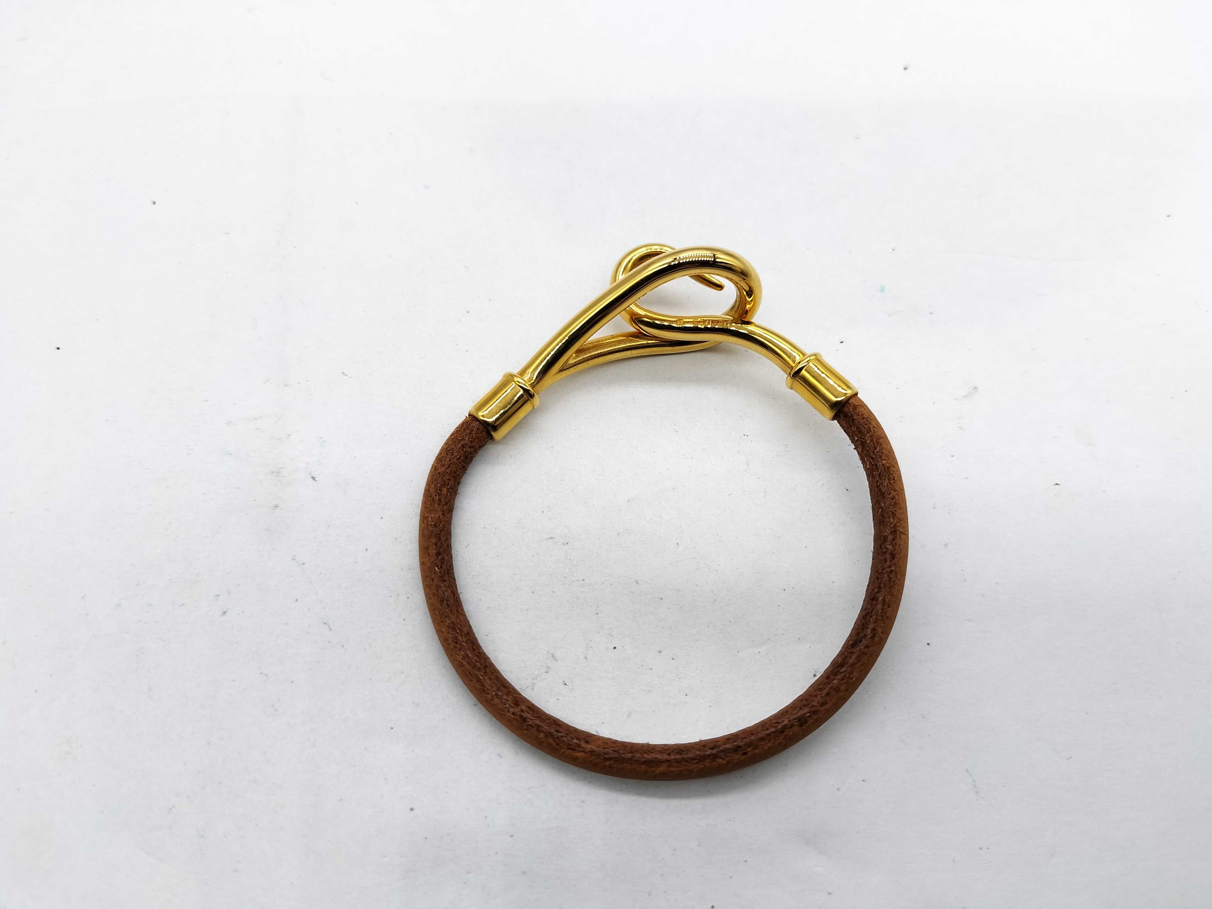 Hermes Jumbo Gold-Tone and Brown Leather Hook Bracelet