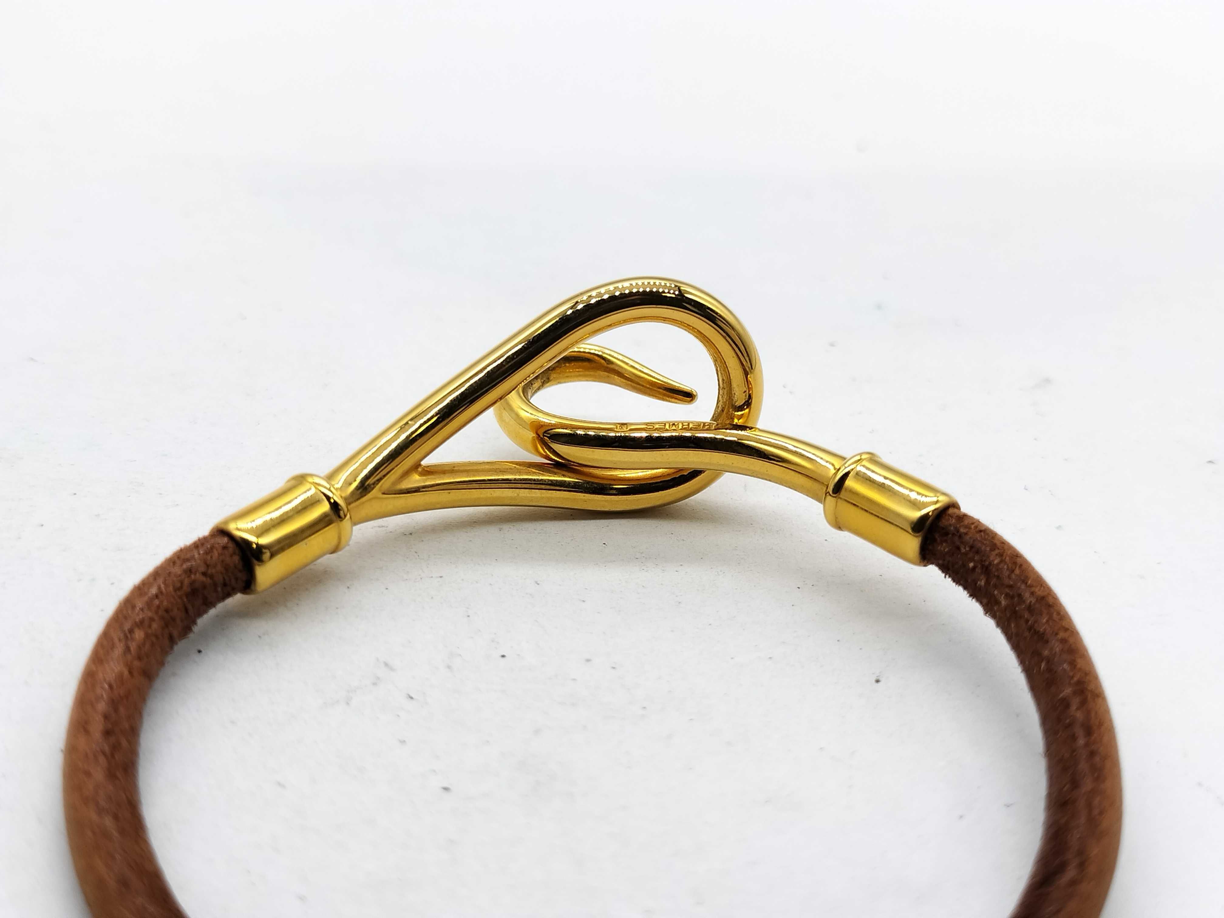 Hermes Jumbo Gold-Tone and Brown Leather Hook Bracelet