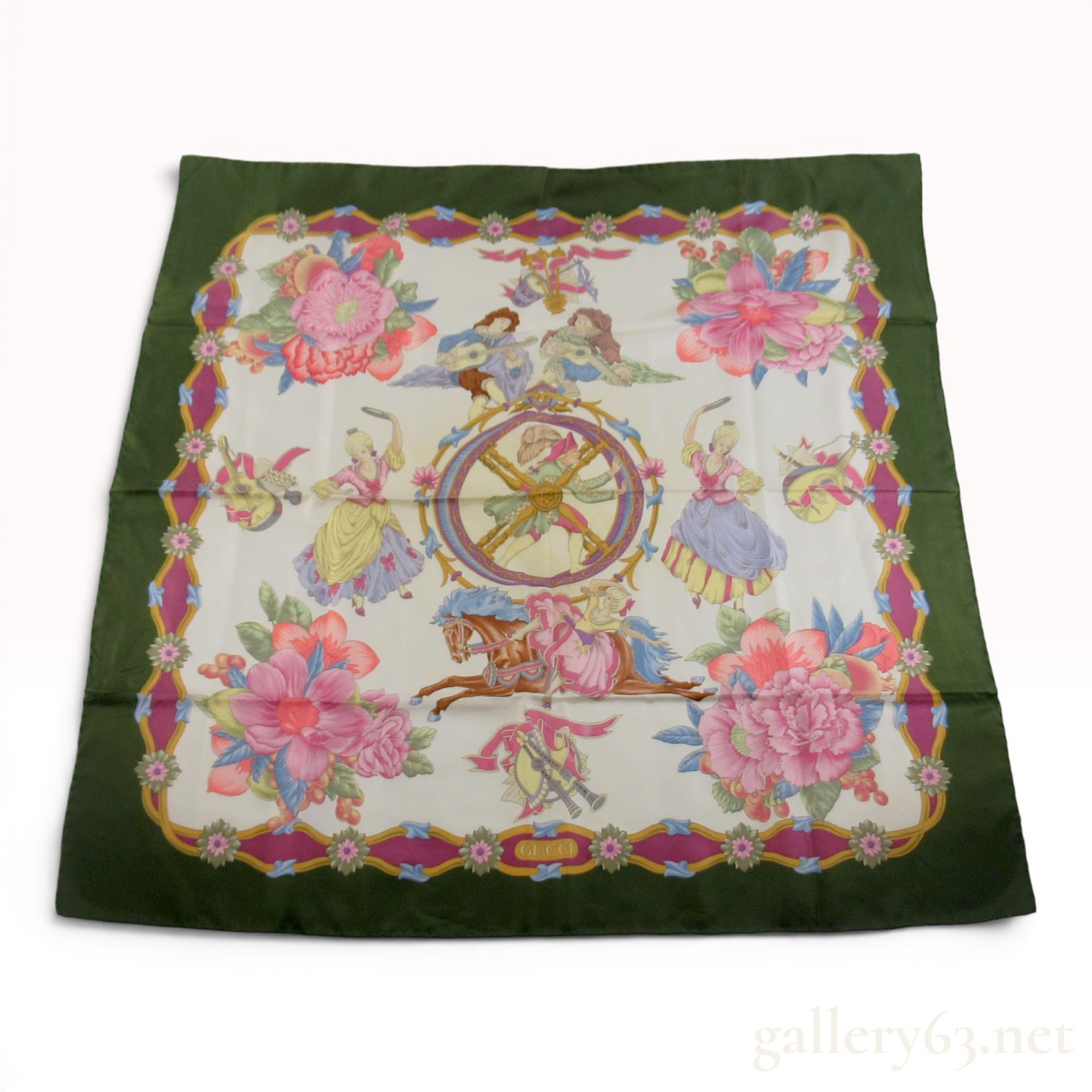 Gucci Vintage Silk Scarf Featuring Renaissance Festive Scenes and Floral Borders