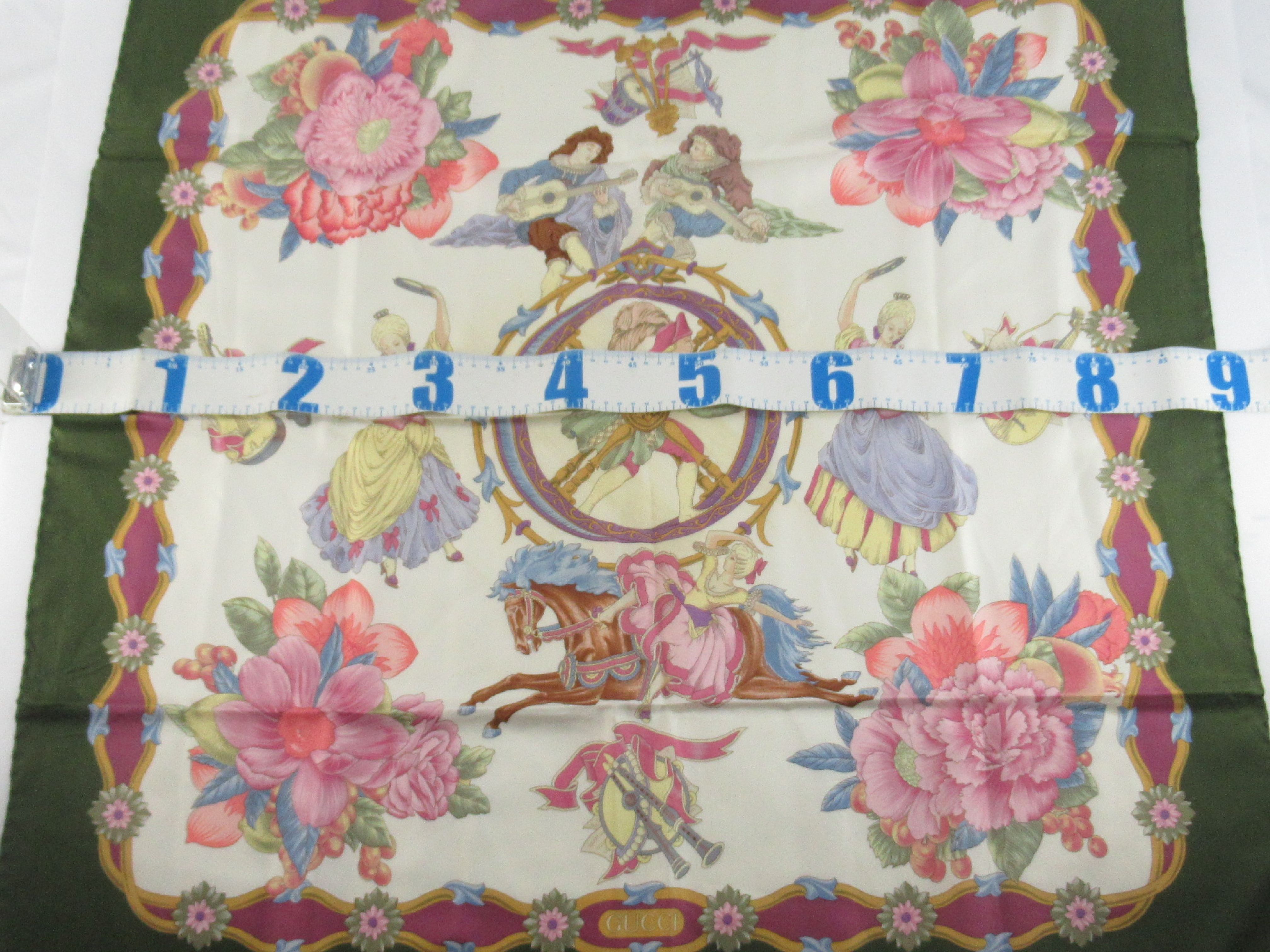 Gucci Vintage Silk Scarf Featuring Renaissance Festive Scenes and Floral Borders