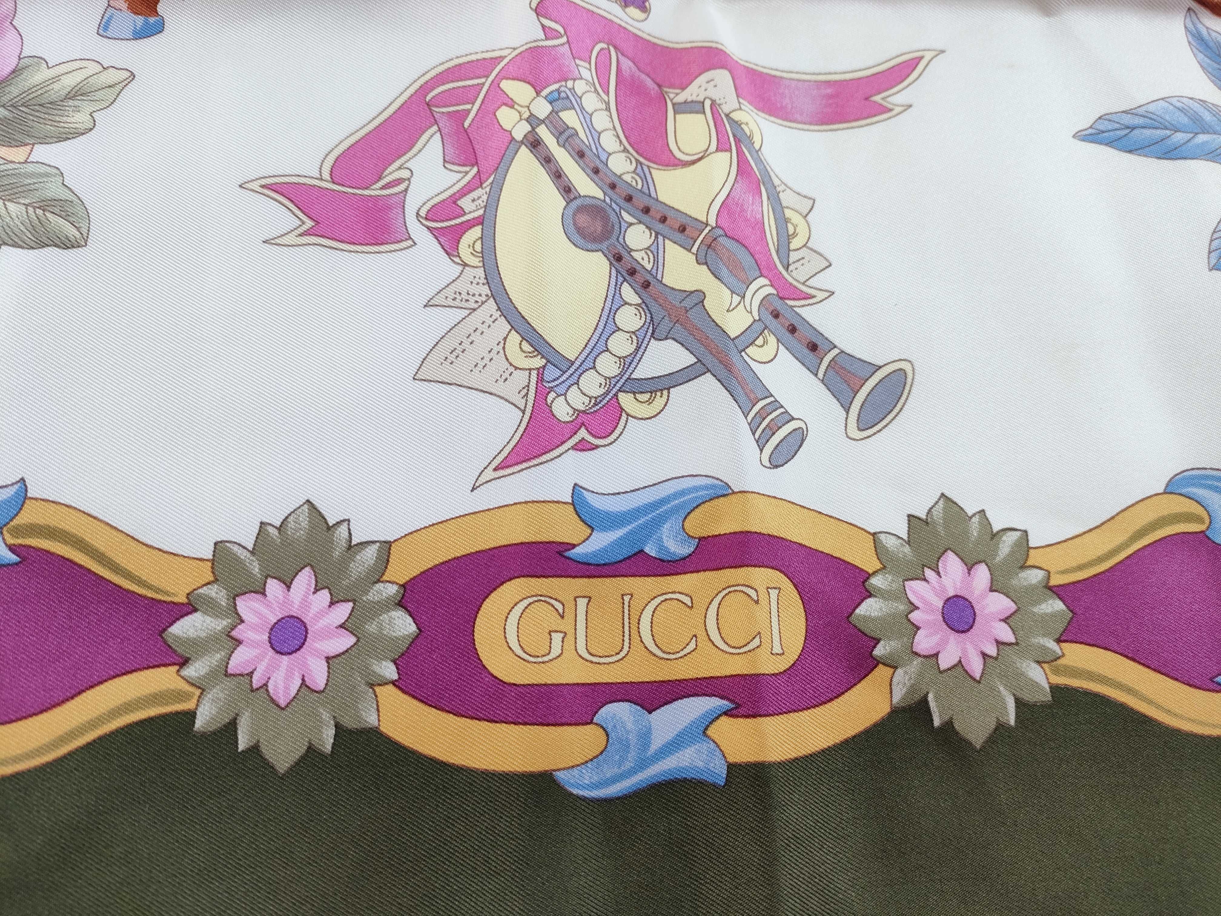 Gucci Vintage Silk Scarf Featuring Renaissance Festive Scenes and Floral Borders