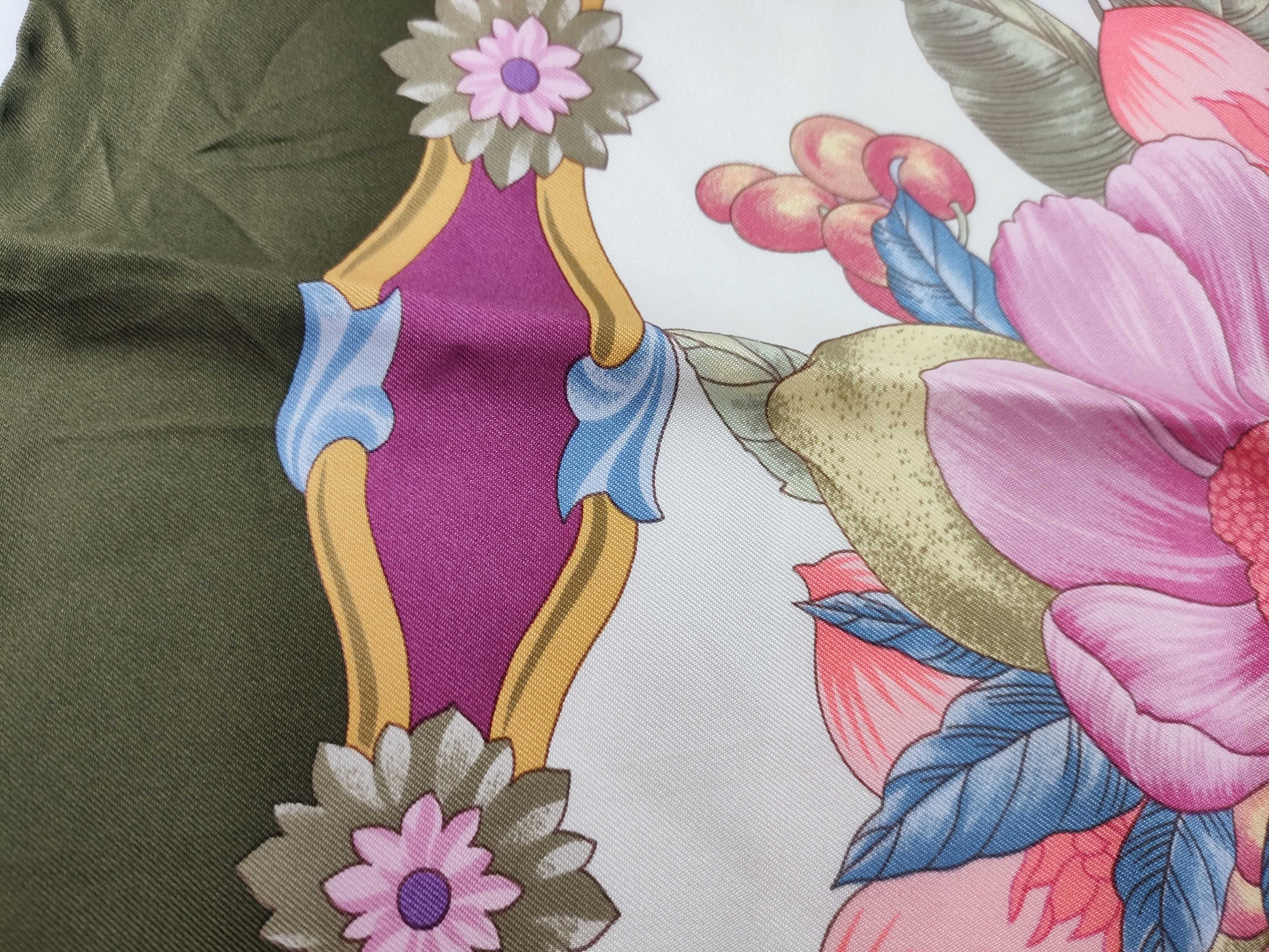 Gucci Vintage Silk Scarf Featuring Renaissance Festive Scenes and Floral Borders
