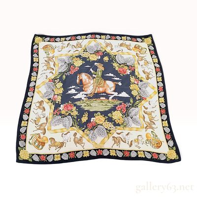 Salvatore Ferragamo Vintage Silk Equestrian Motif Scarf. A vintage square silk scarf from the 