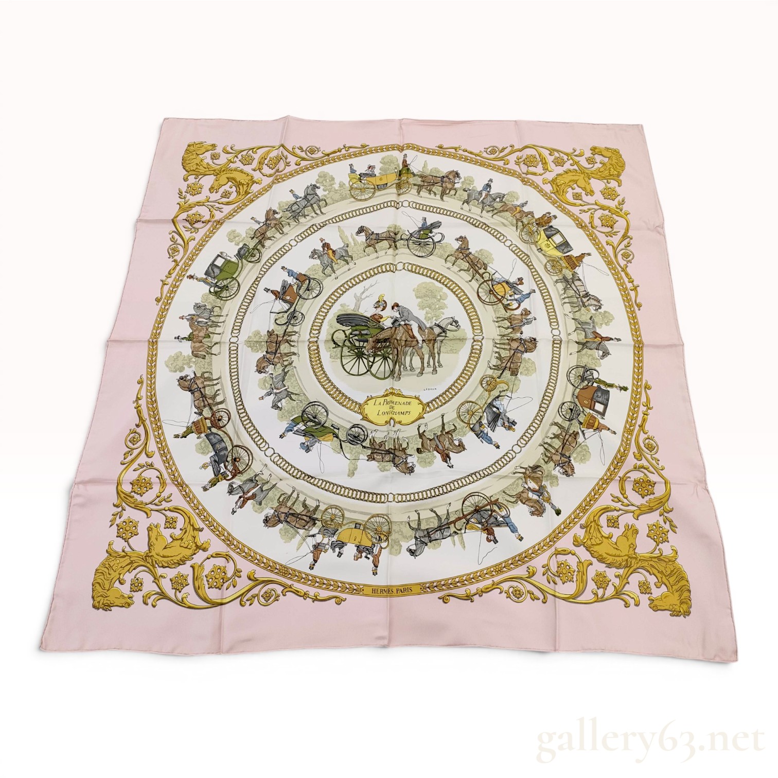 Hermes La Promenade de Longchamps Silk Scarf in Pink and White