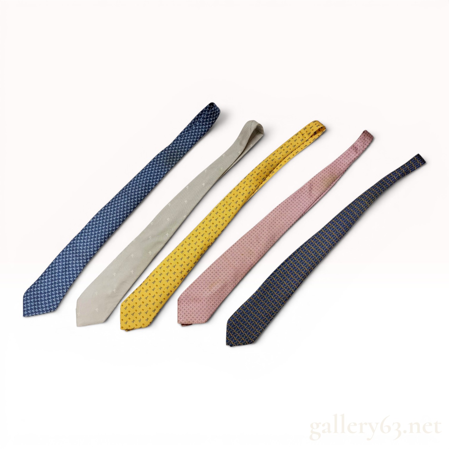 A Group of Five Men's Silk Neckties Including Hermes and Burberry London