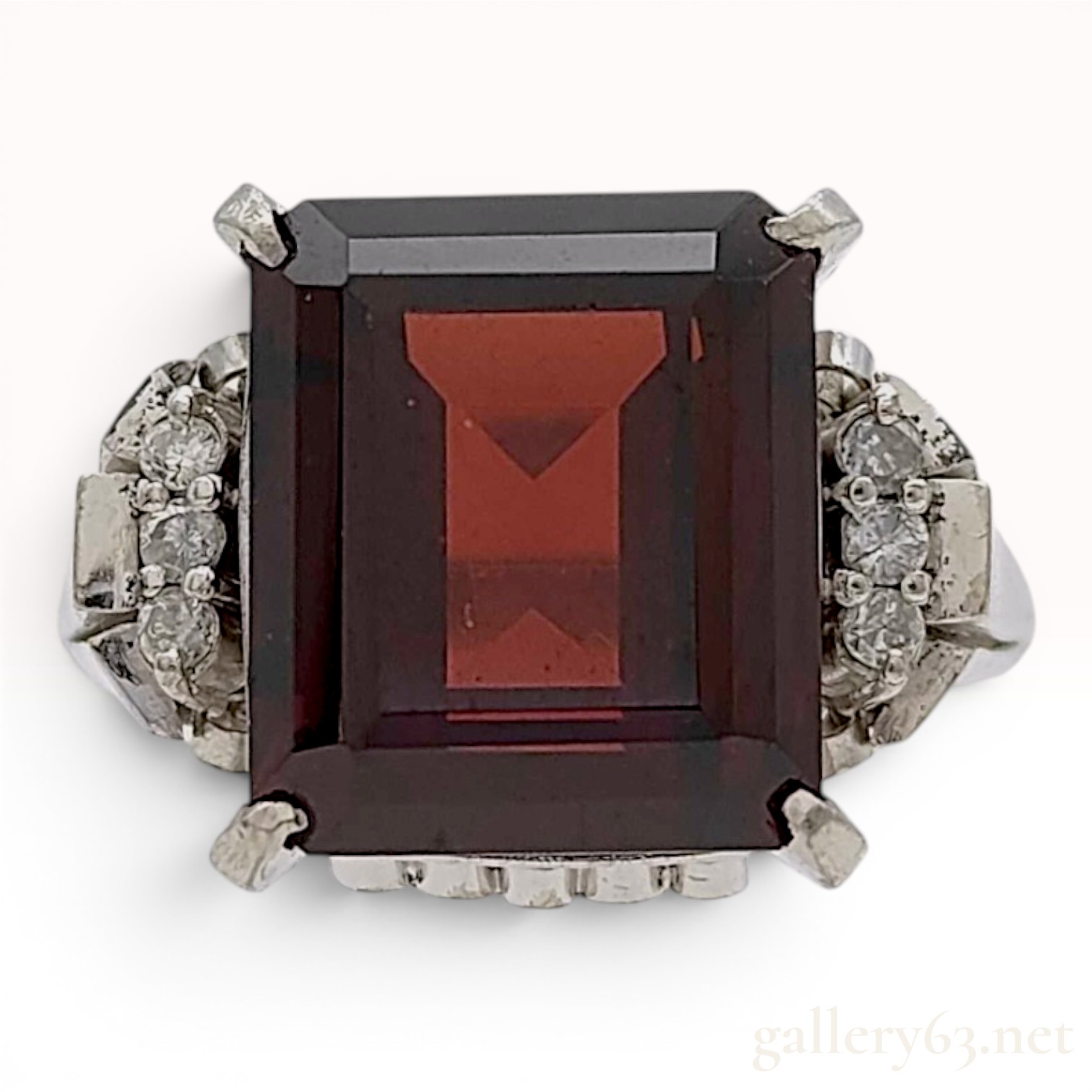 Art Deco Style 10.06ct Natural Emerald Cut Rhodolite Garnet and Diamond Platinum Ring