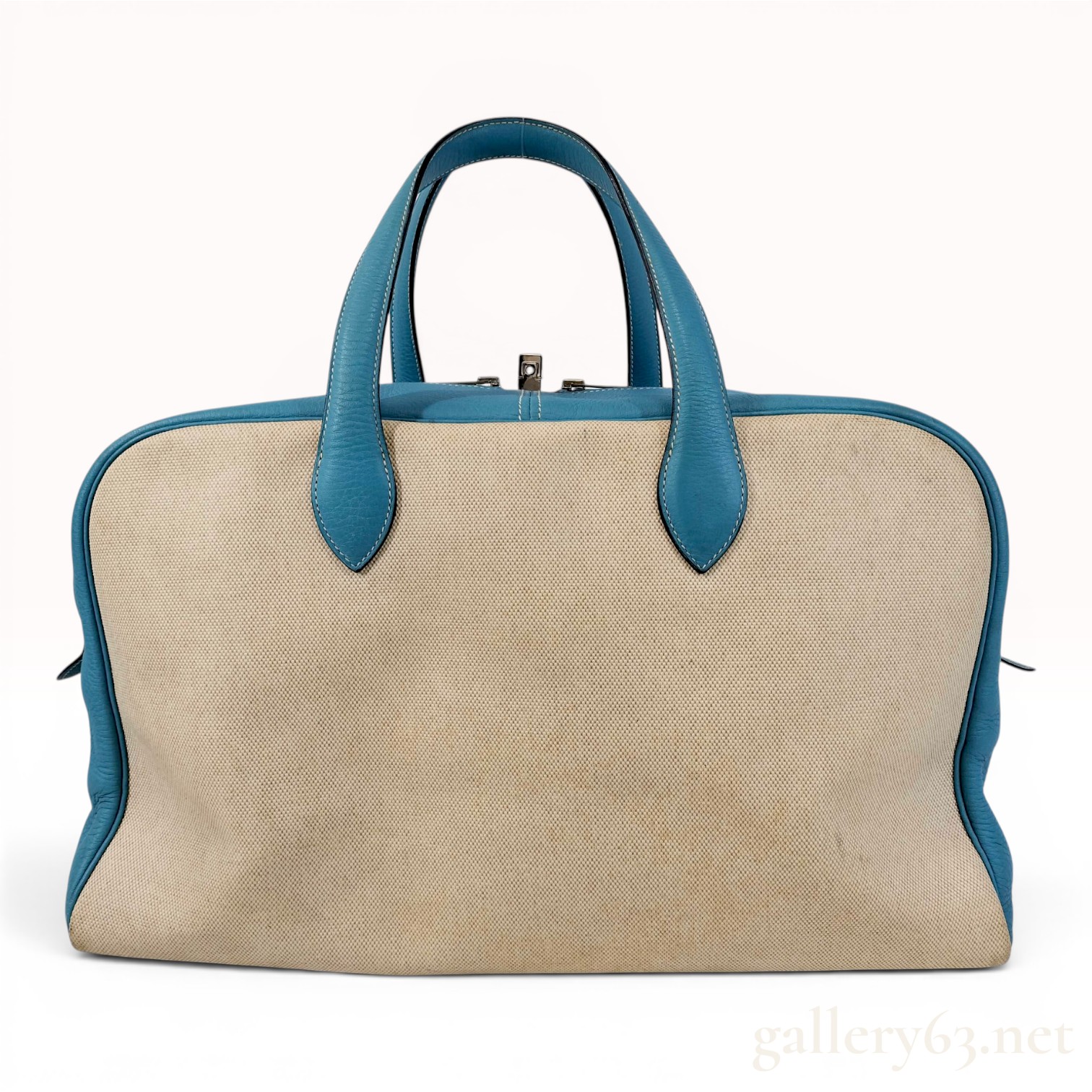 Hermes Victoria 43 Toile and Teal Blue Leather Travel Bag