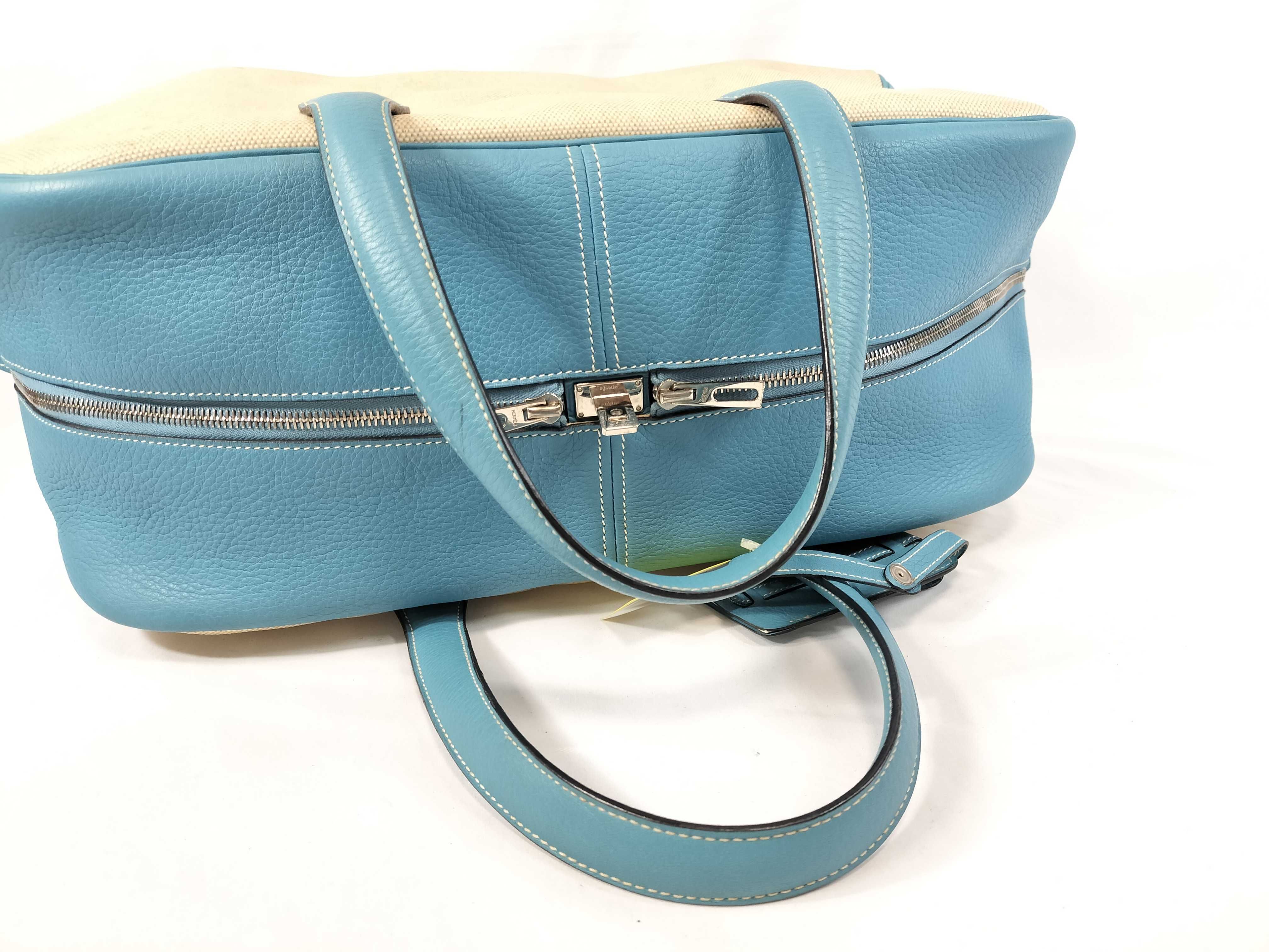 Hermes Victoria 43 Toile and Teal Blue Leather Travel Bag