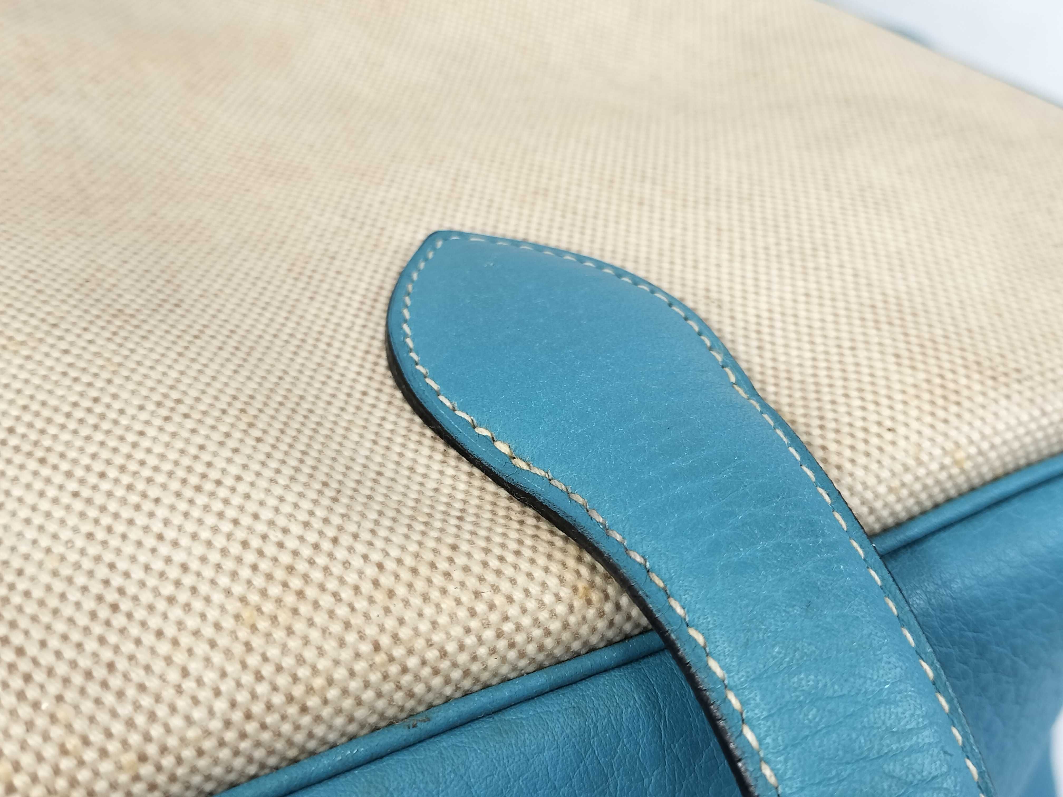 Hermes Victoria 43 Toile and Teal Blue Leather Travel Bag