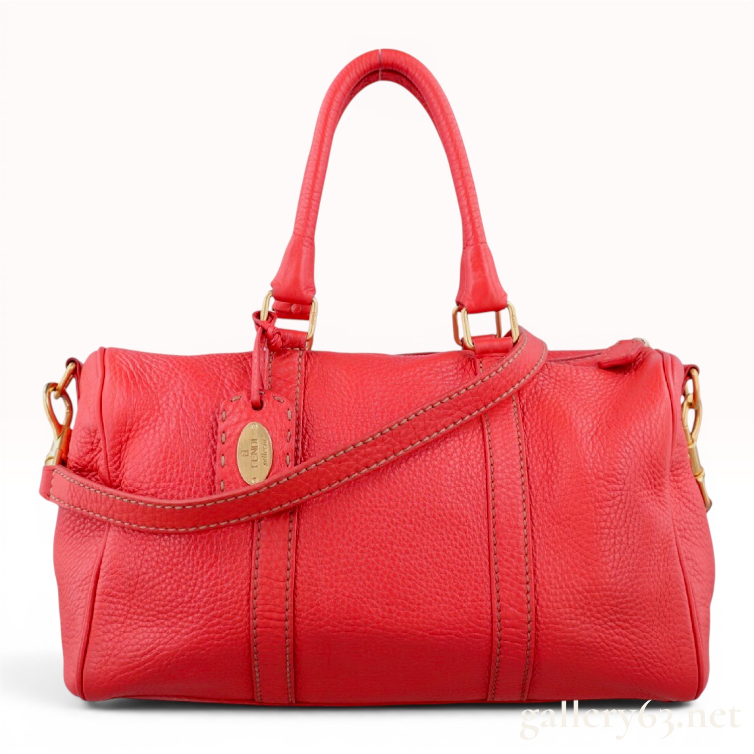 Fendi Red Pebbled Leather Selleria 8BL108 Forever Bowler Handbag