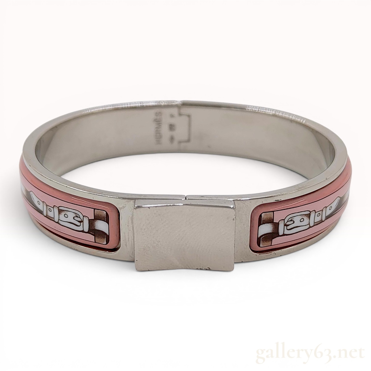 Hermes Loquet Enamel Hinge Bracelet with Pink Belt Motif