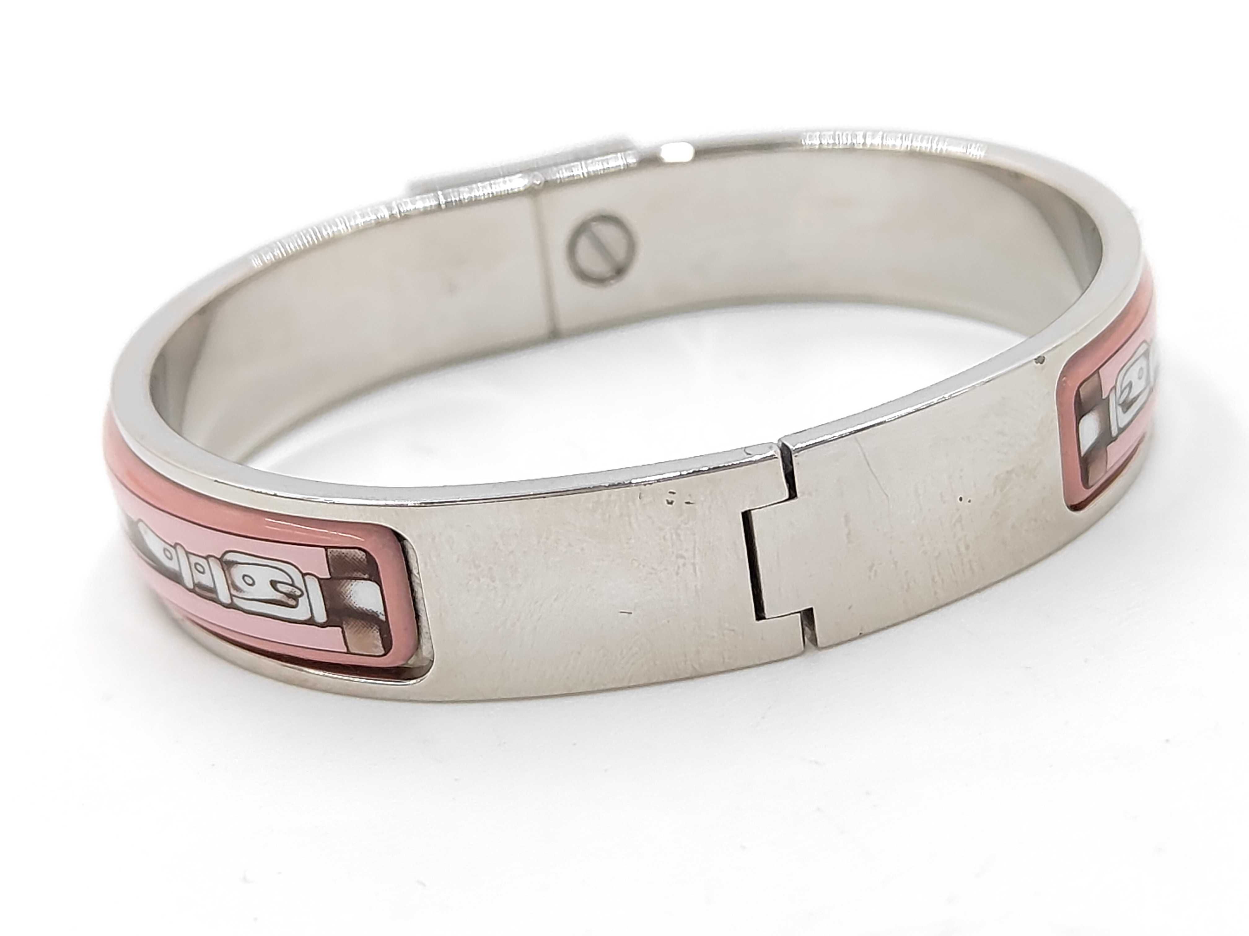 Hermes Loquet Enamel Hinge Bracelet with Pink Belt Motif