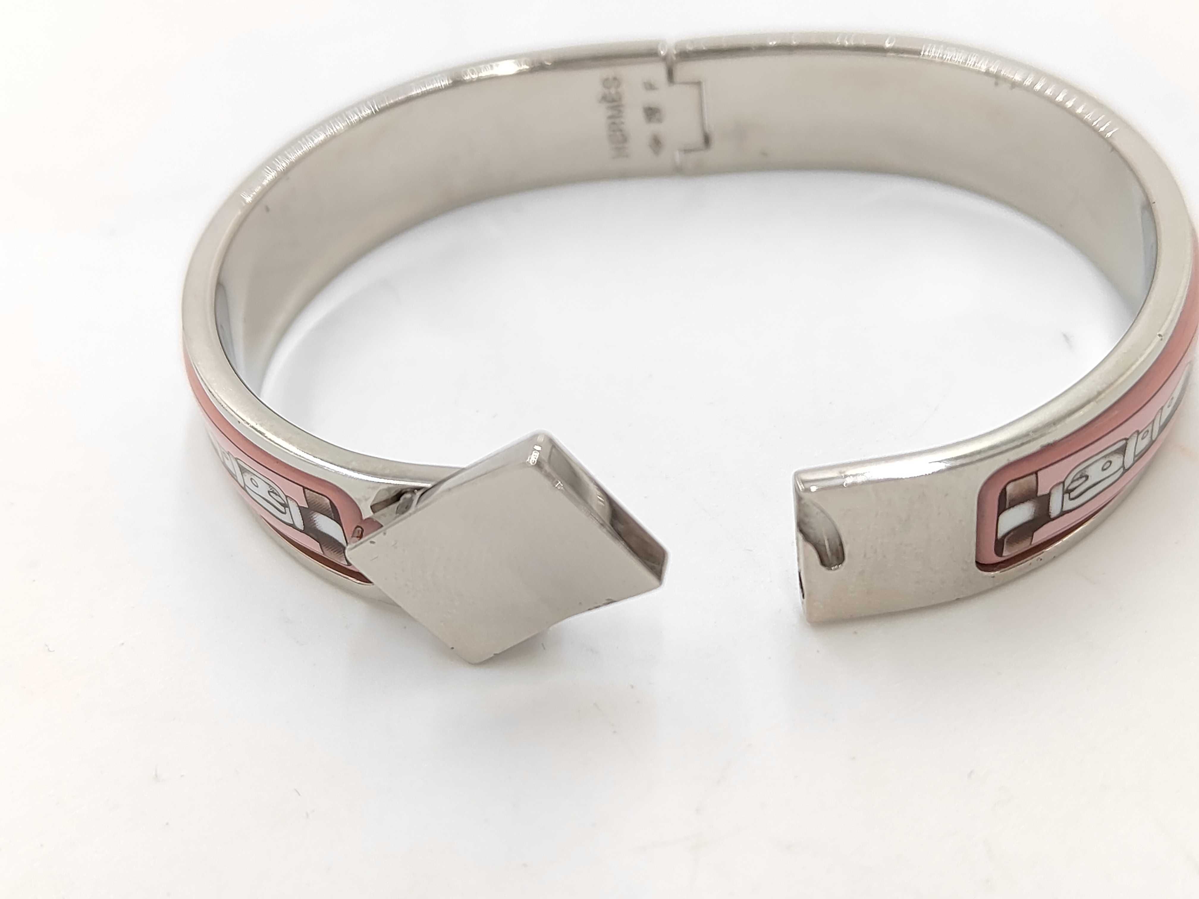 Hermes Loquet Enamel Hinge Bracelet with Pink Belt Motif