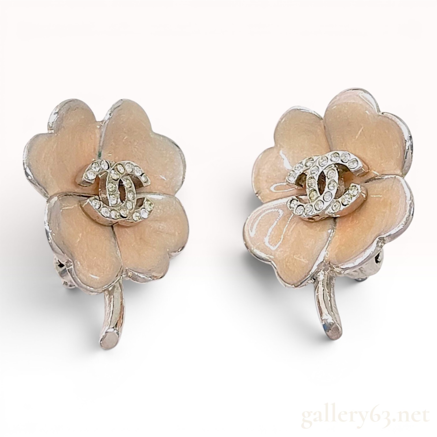 A Pair of Chanel Enamel and Crystal CC Clover Clip-On Earrings