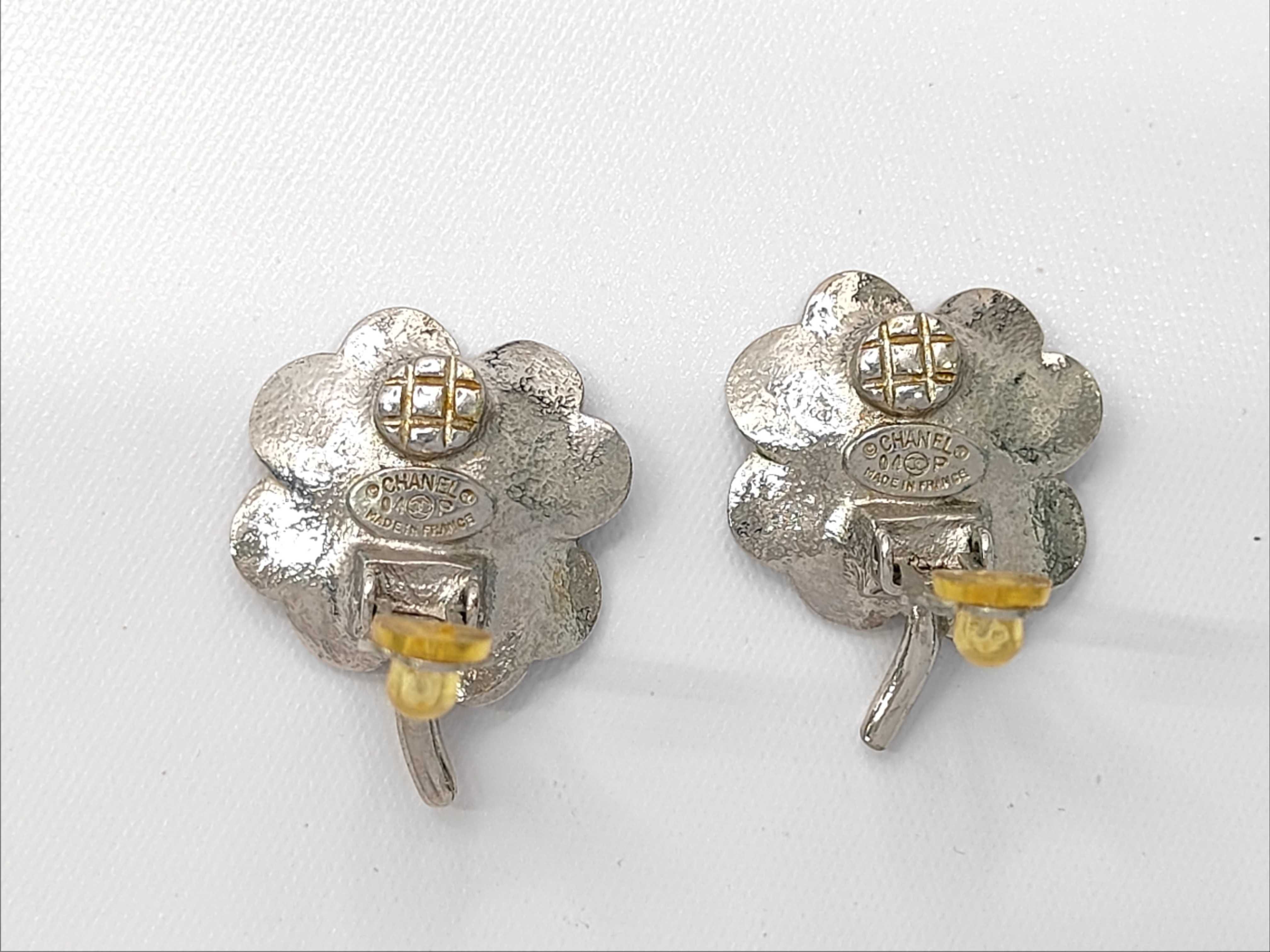 A Pair of Chanel Enamel and Crystal CC Clover Clip-On Earrings