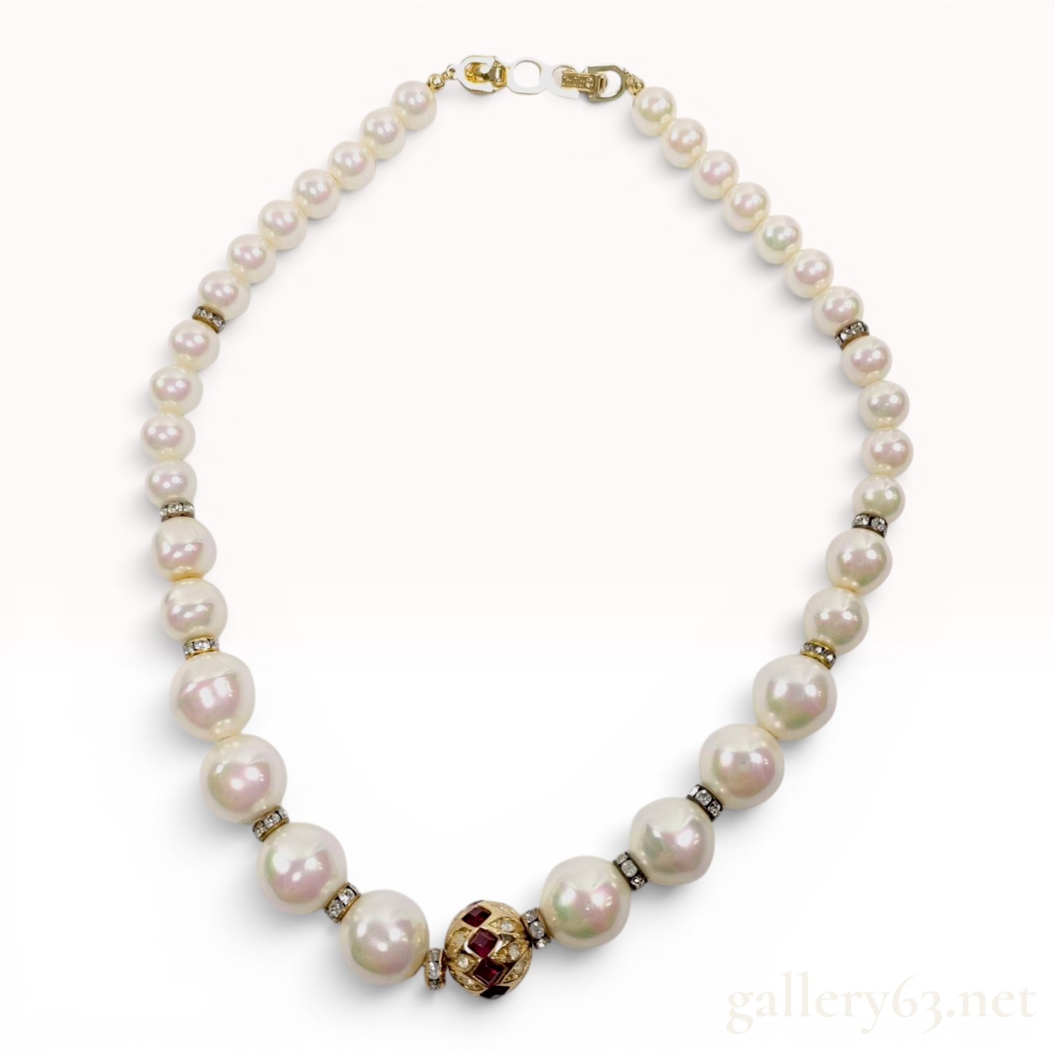 Christian Dior Graduated Faux Pearl Necklace with Rhinestone and Red Stone Accents
