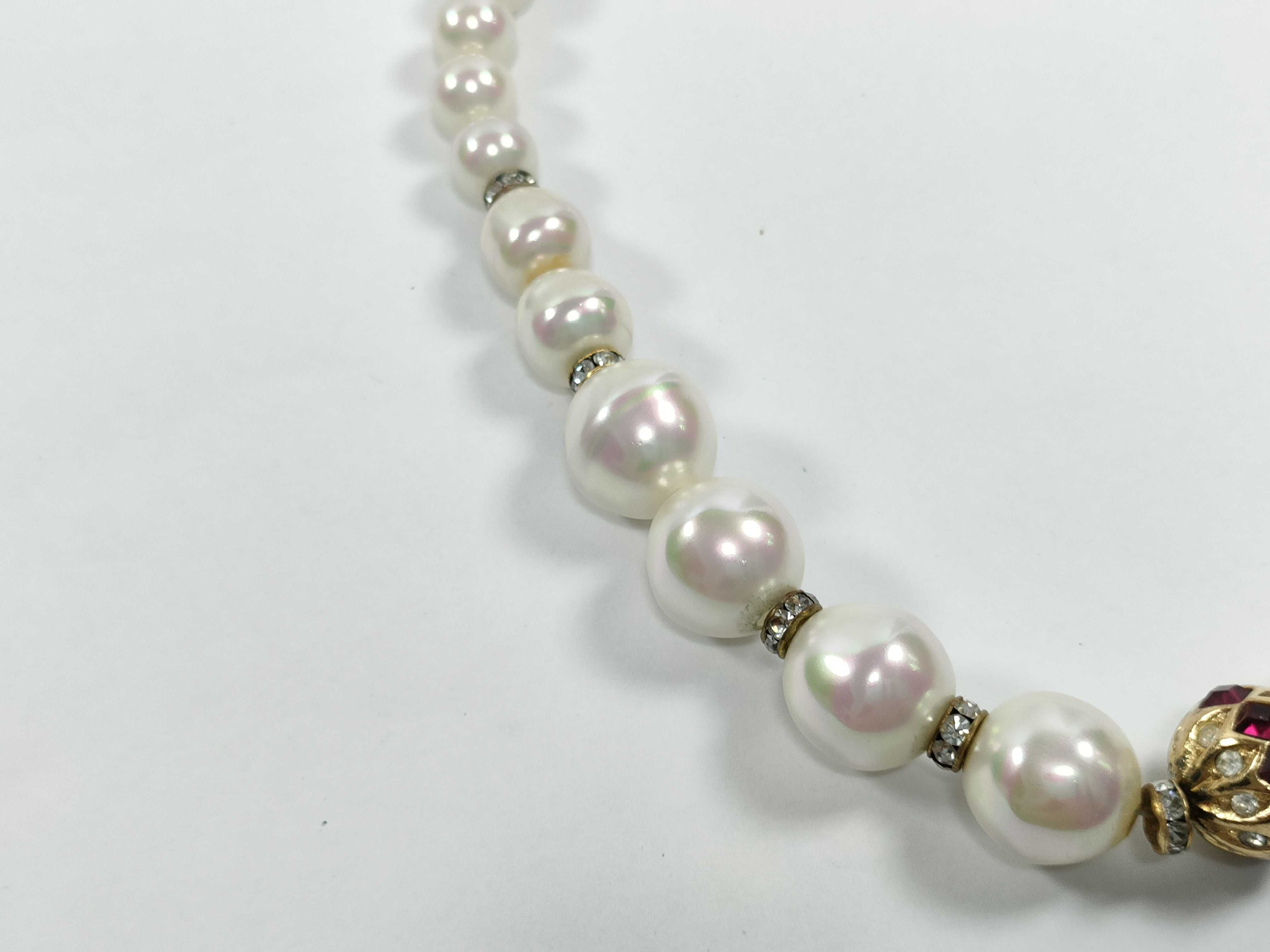 Christian Dior Graduated Faux Pearl Necklace with Rhinestone and Red Stone Accents