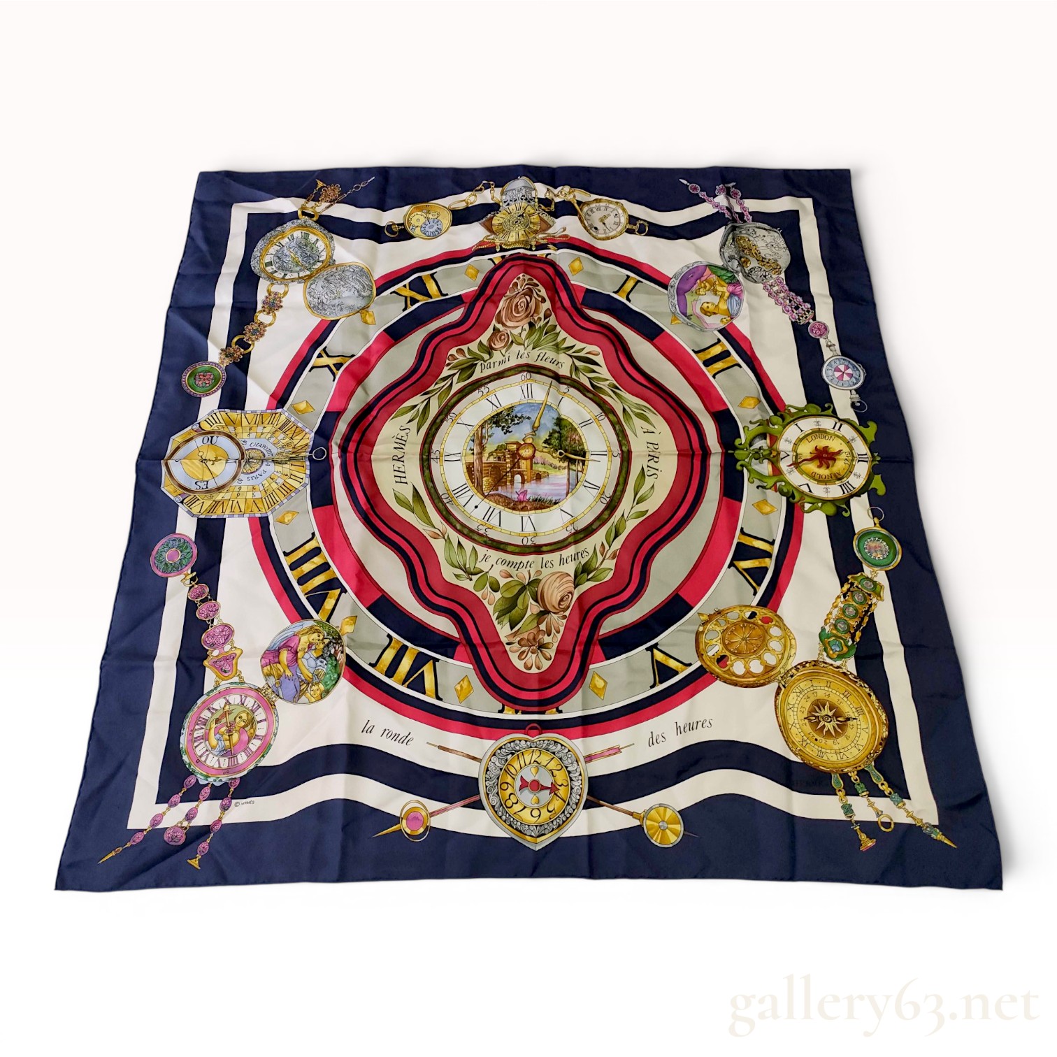 Hermes Parmi les fleurs je compte les heures Silk Scarf Designed by Loic Dubigeon