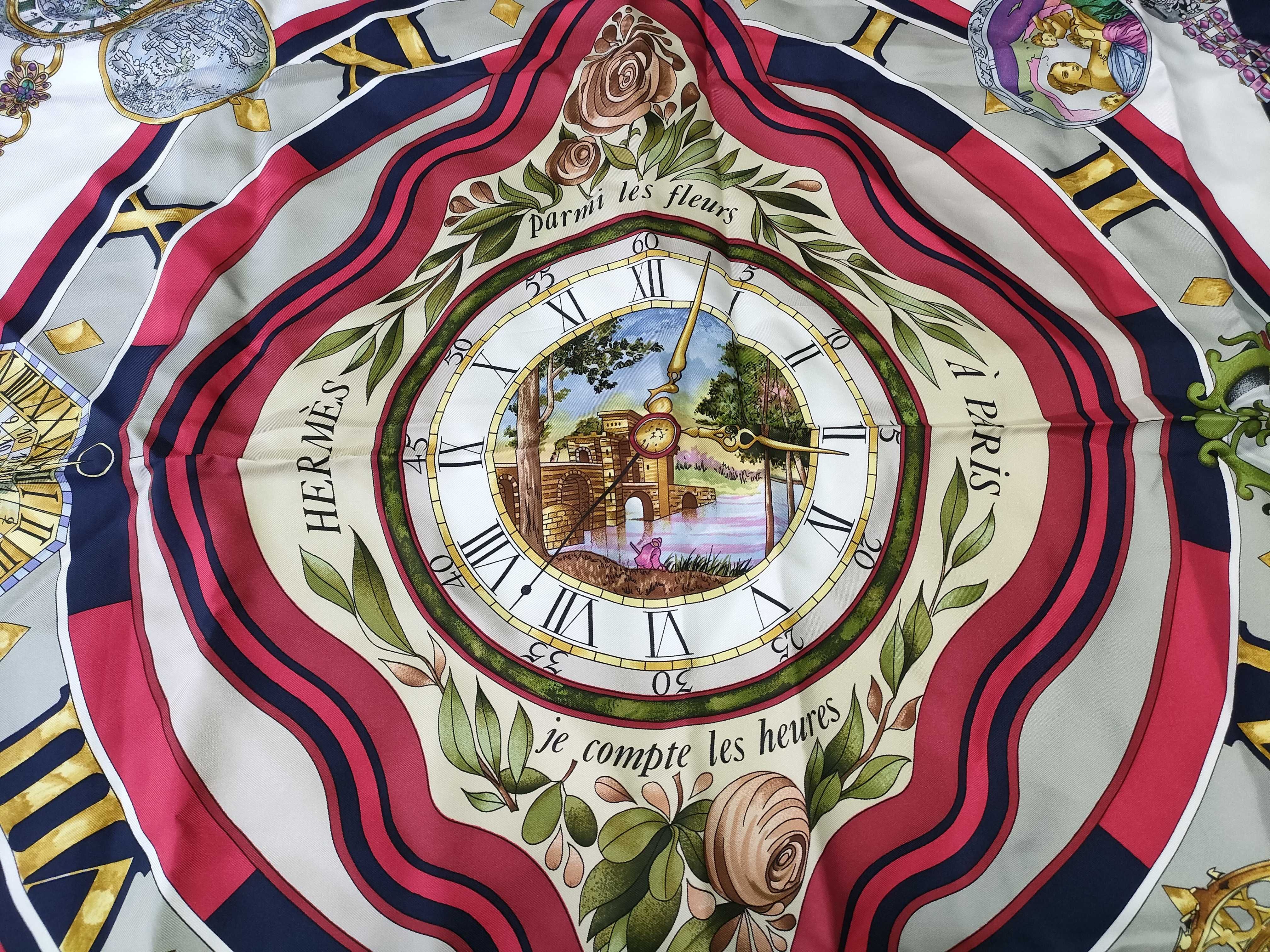 Hermes Parmi les fleurs je compte les heures Silk Scarf Designed by Loic Dubigeon