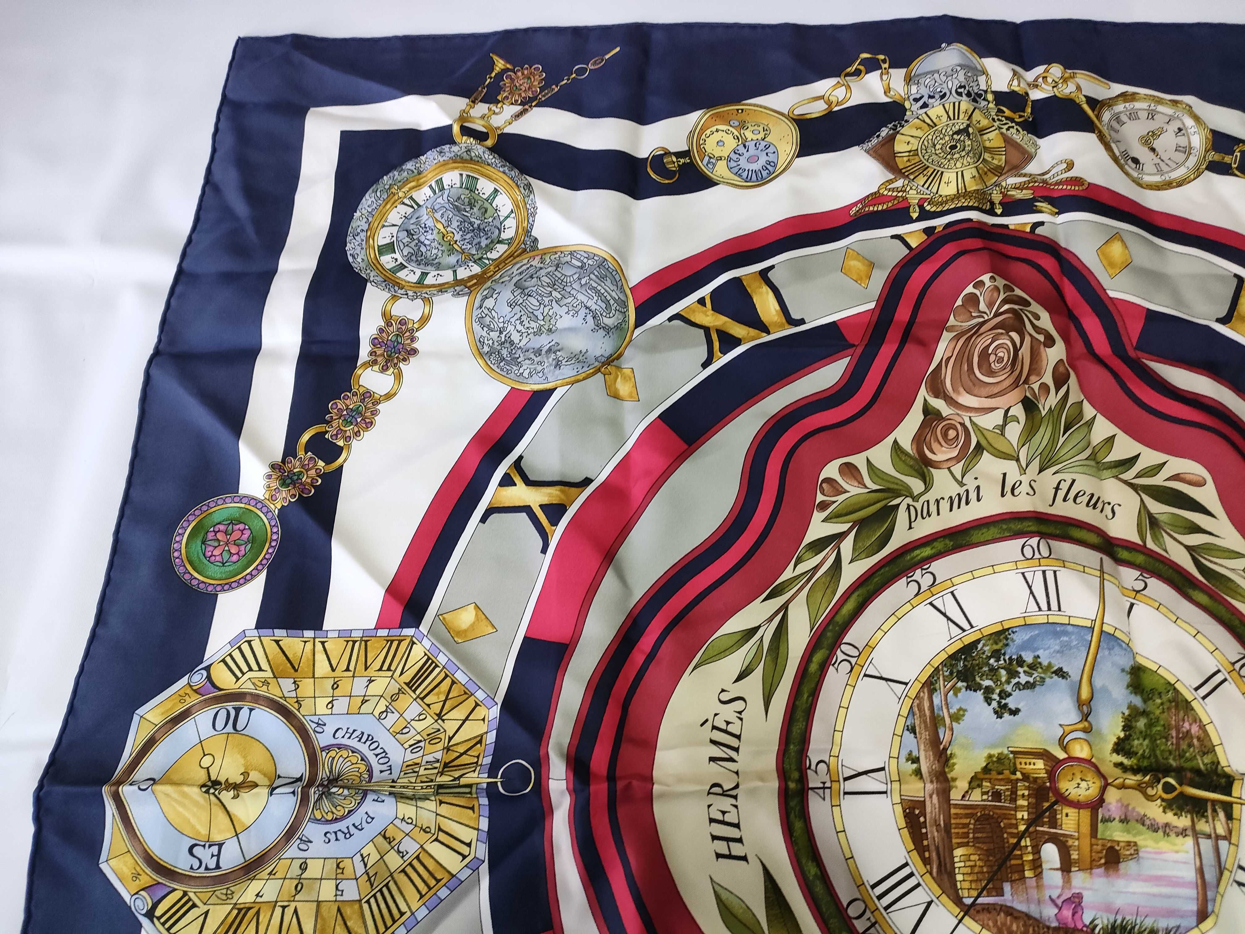Hermes Parmi les fleurs je compte les heures Silk Scarf Designed by Loic Dubigeon