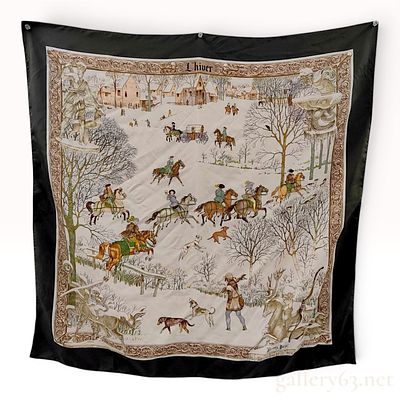 Hermes L'Hiver Silk Scarf by Philippe Ledoux. An Hermes silk twill scarf titled L'Hiver (The 