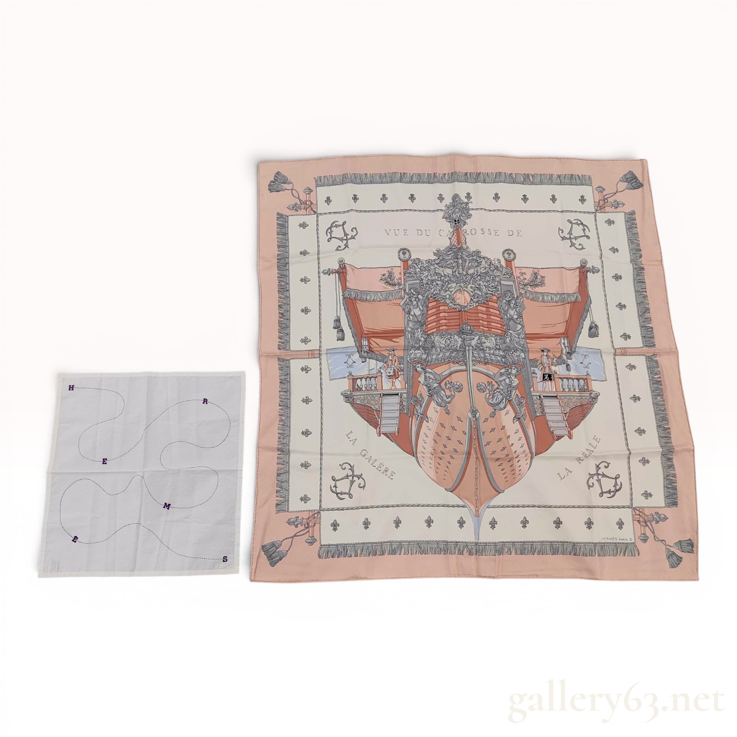 Two Hermes Textiles Including a Vue du Carrosse de la Galere La Reale Silk Scarf and an Embroidered Cotton Handkerchief