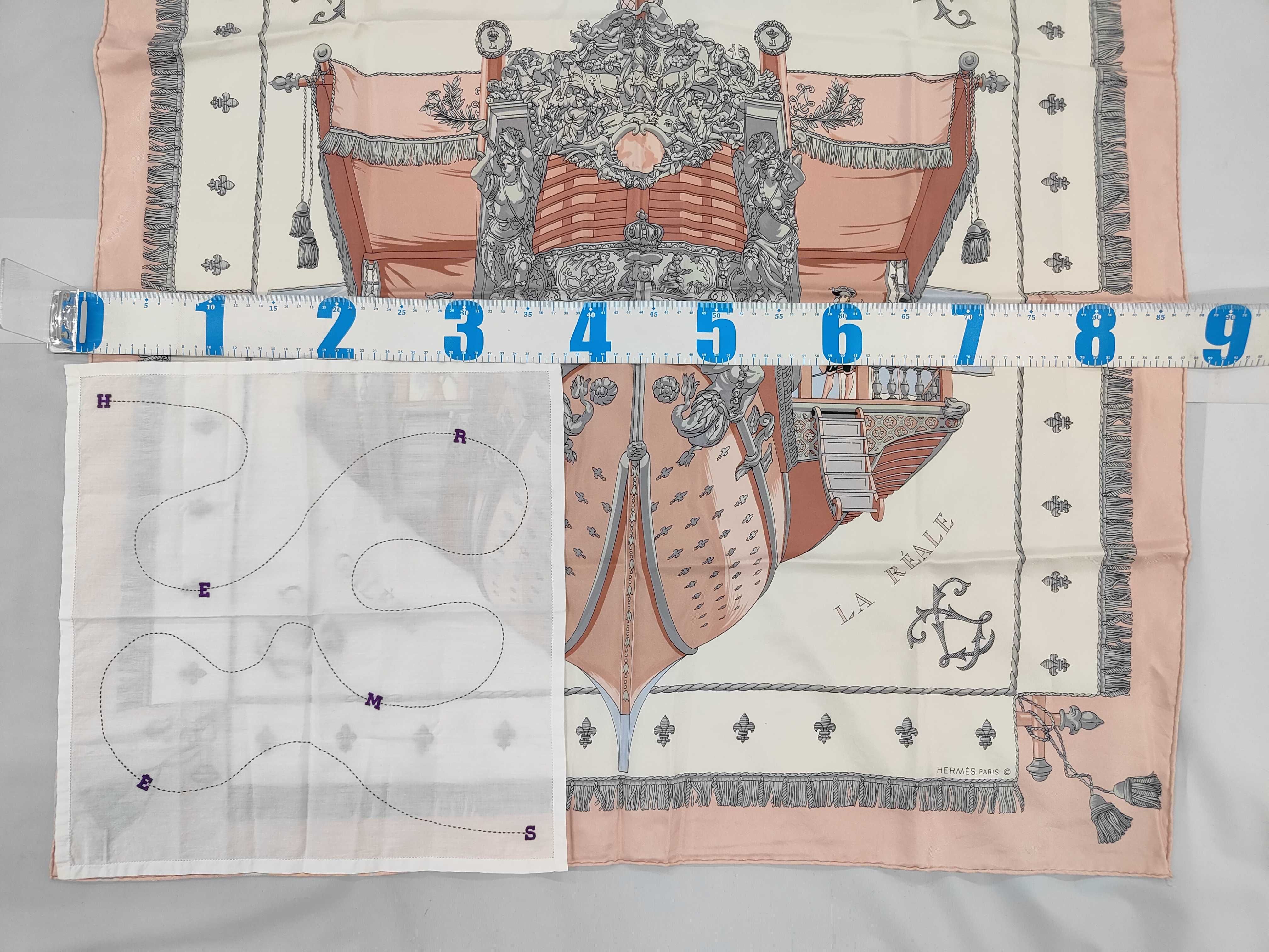 Two Hermes Textiles Including a Vue du Carrosse de la Galere La Reale Silk Scarf and an Embroidered Cotton Handkerchief