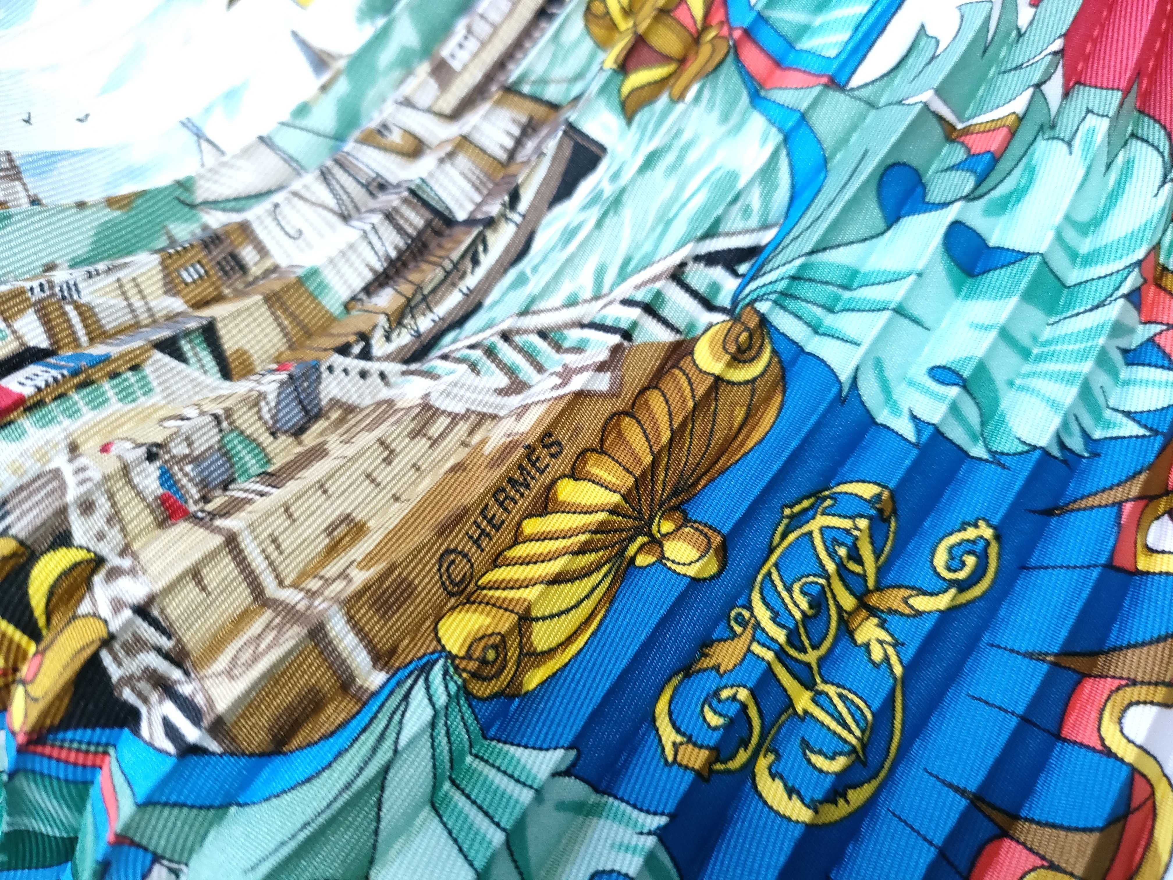 Hermes Pleated Silk Scarf with Maritime and African Map Motif