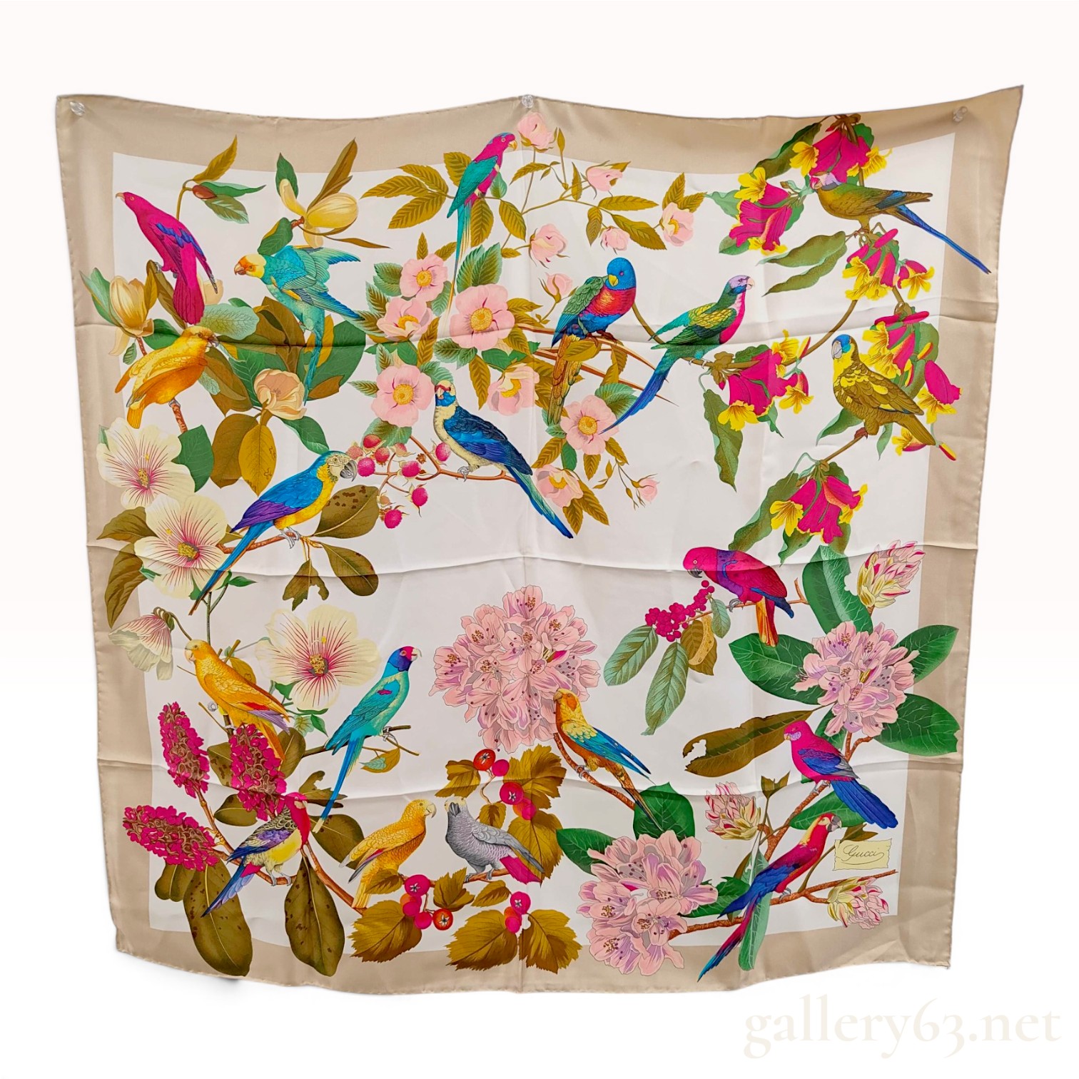 Vintage Gucci Silk Twill Botanical Bird Motif Square Scarf