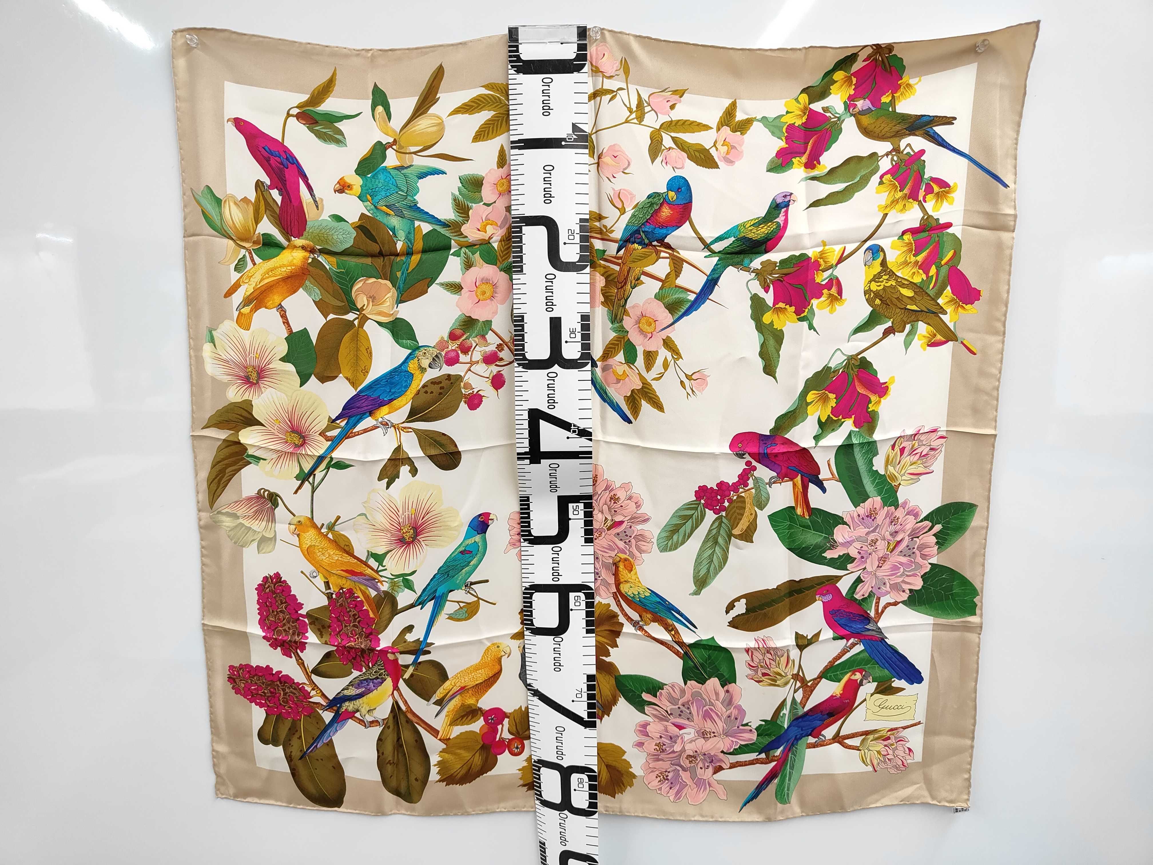Vintage Gucci Silk Twill Botanical Bird Motif Square Scarf