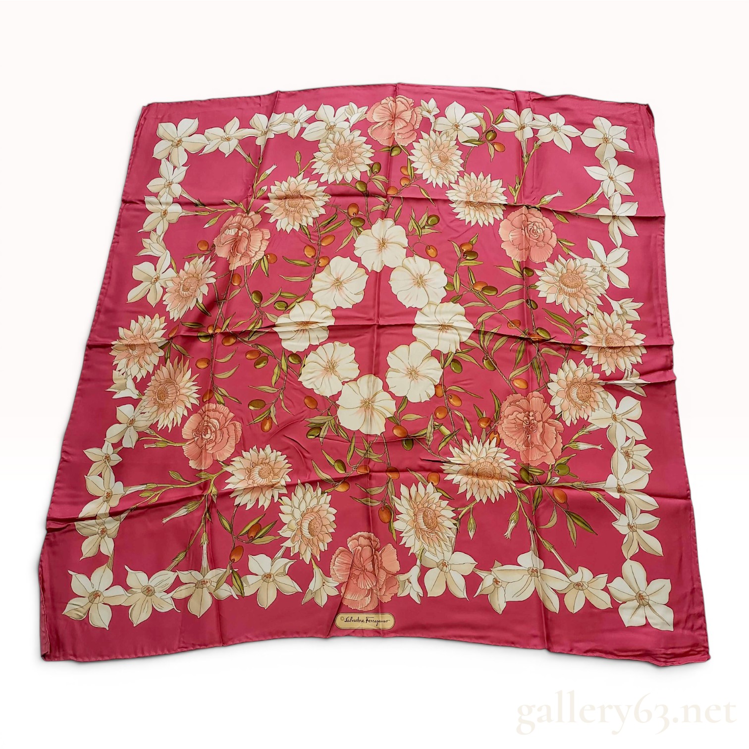Salvatore Ferragamo Silk Floral and Olive Branch Scarf