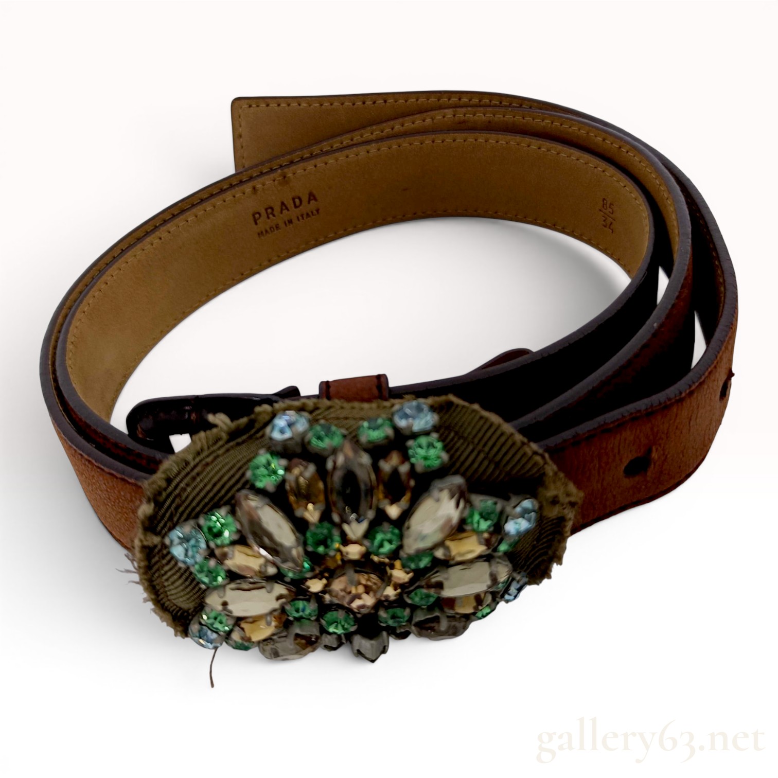 Prada Crystal Embellished Brown Leather Belt Size 85/34