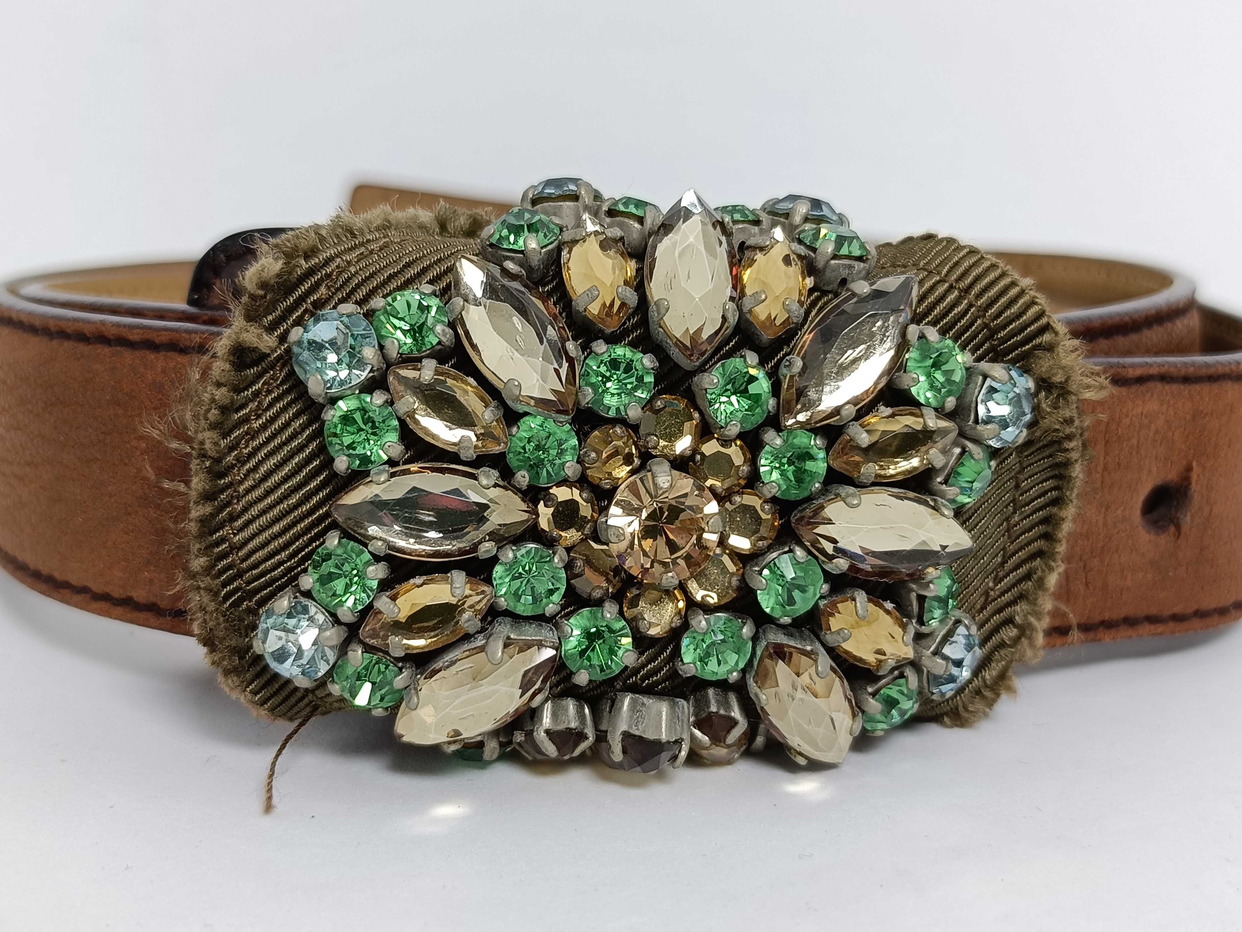 Prada Crystal Embellished Brown Leather Belt Size 85/34