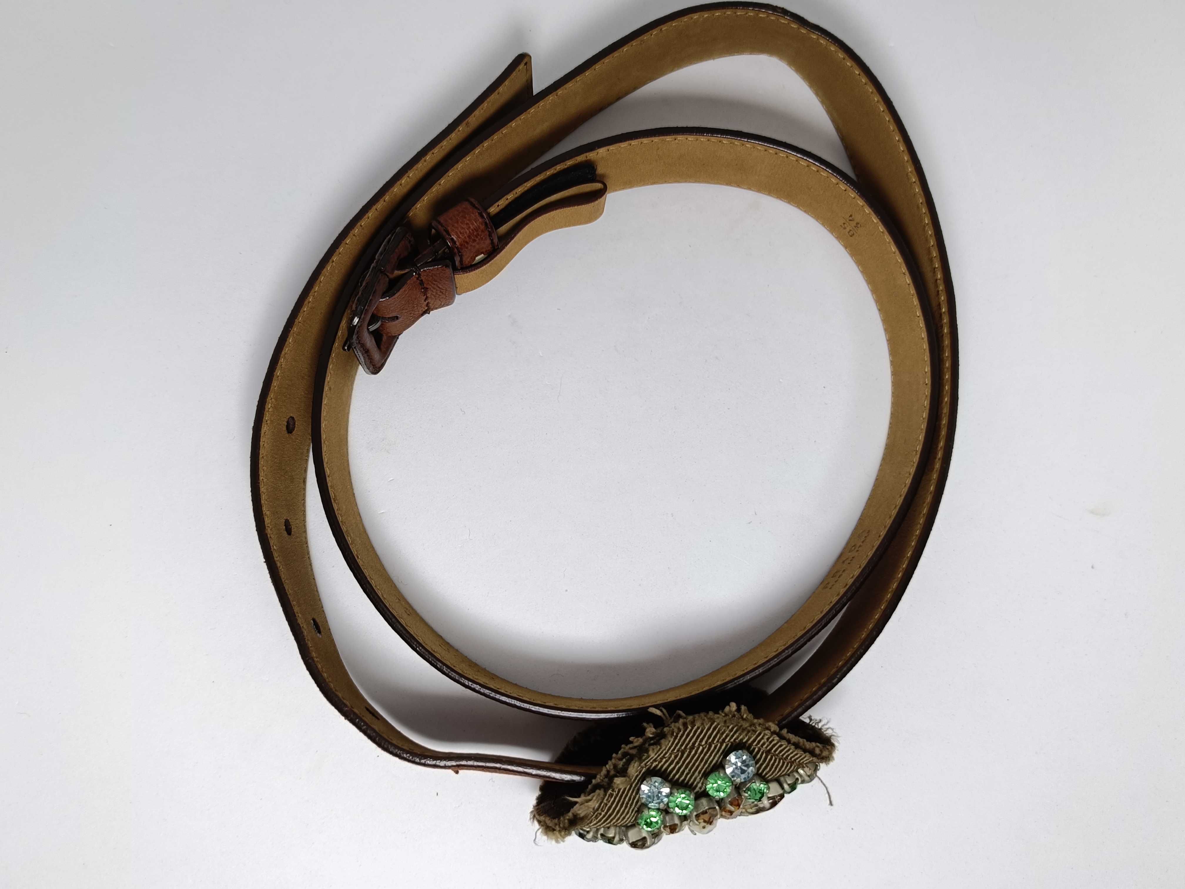 Prada Crystal Embellished Brown Leather Belt Size 85/34