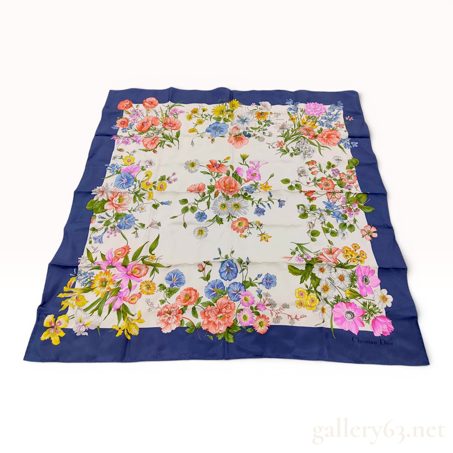Christian Dior Floral Silk Twill Scarf with Navy Border