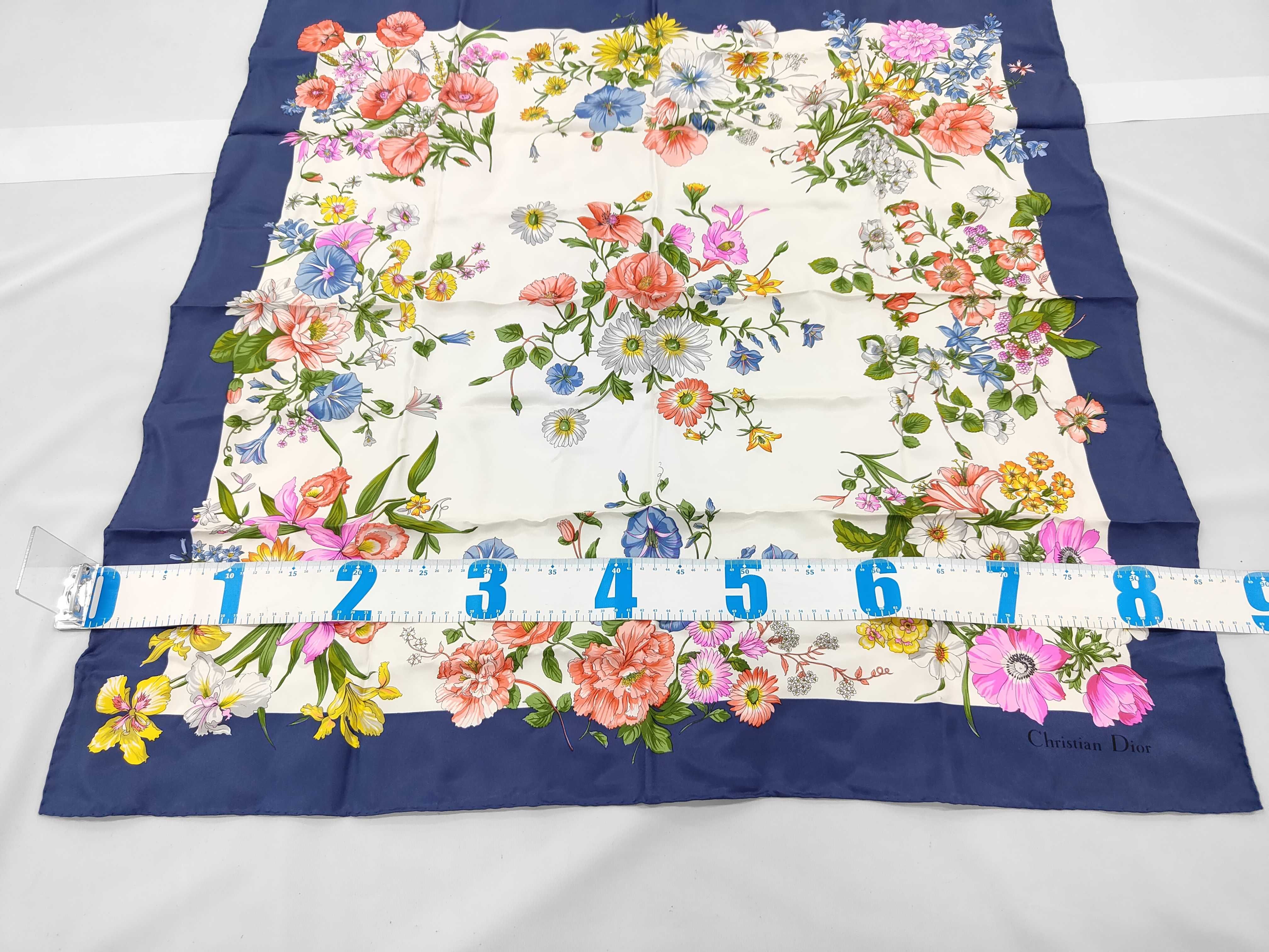 Christian Dior Floral Silk Twill Scarf with Navy Border
