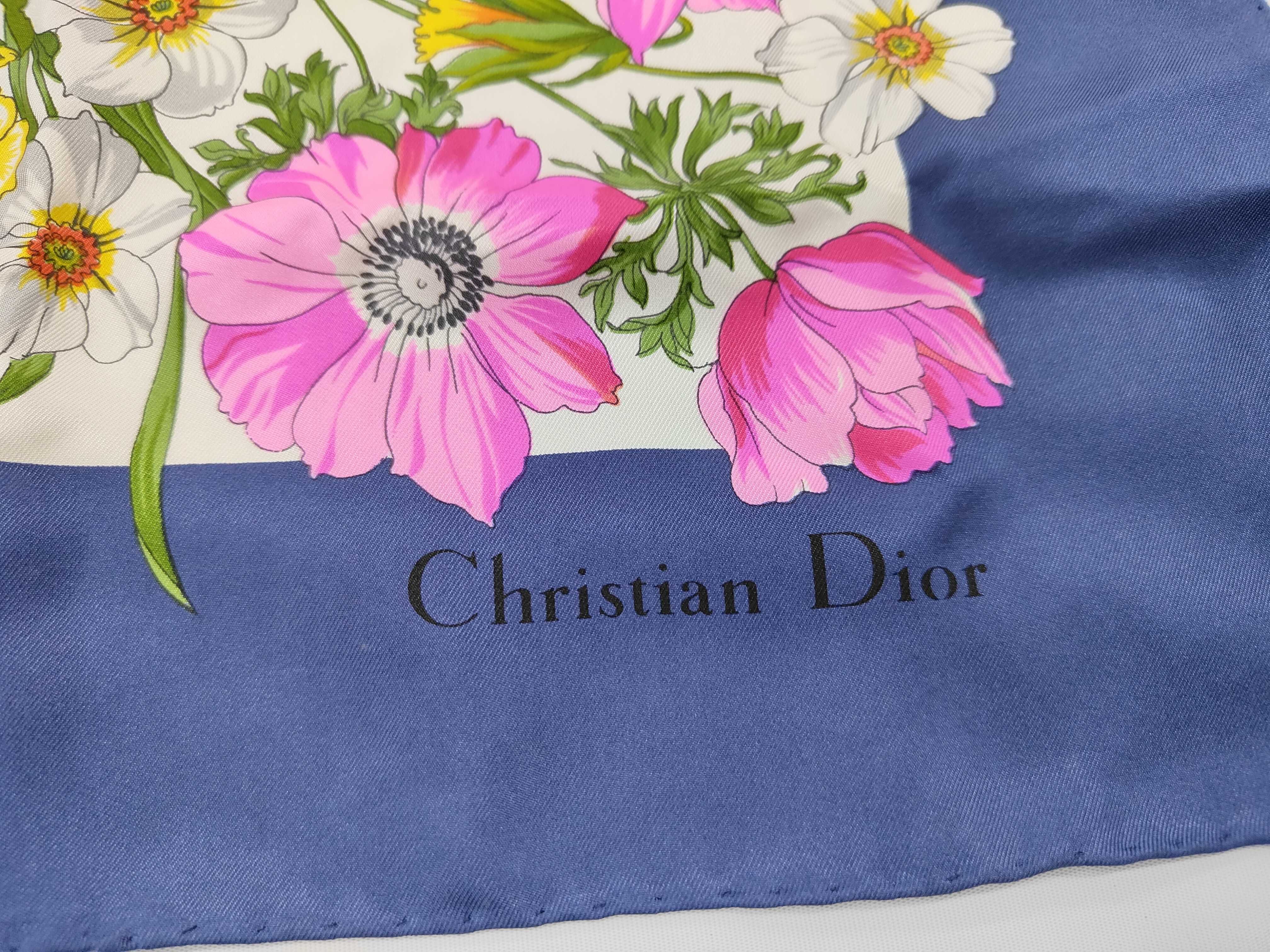 Christian Dior Floral Silk Twill Scarf with Navy Border