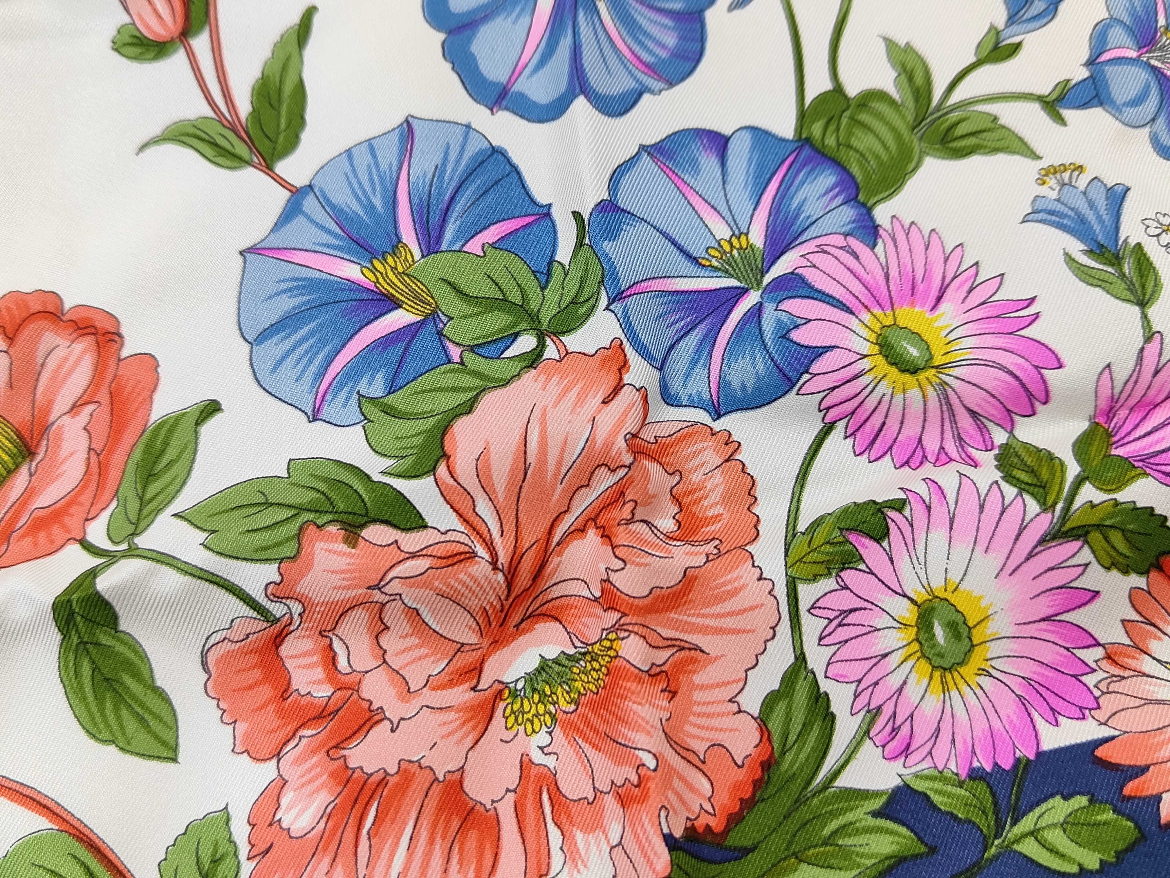 Christian Dior Floral Silk Twill Scarf with Navy Border