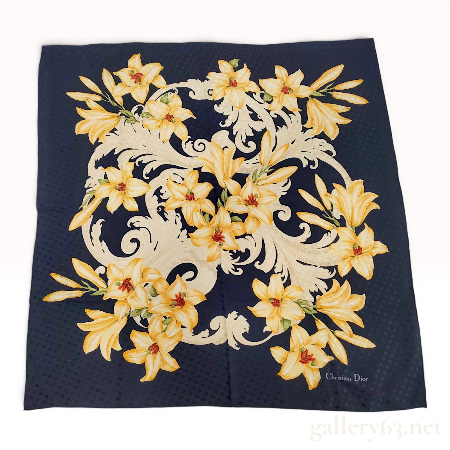 Christian Dior Vintage Floral and Rococo Scroll Silk Scarf