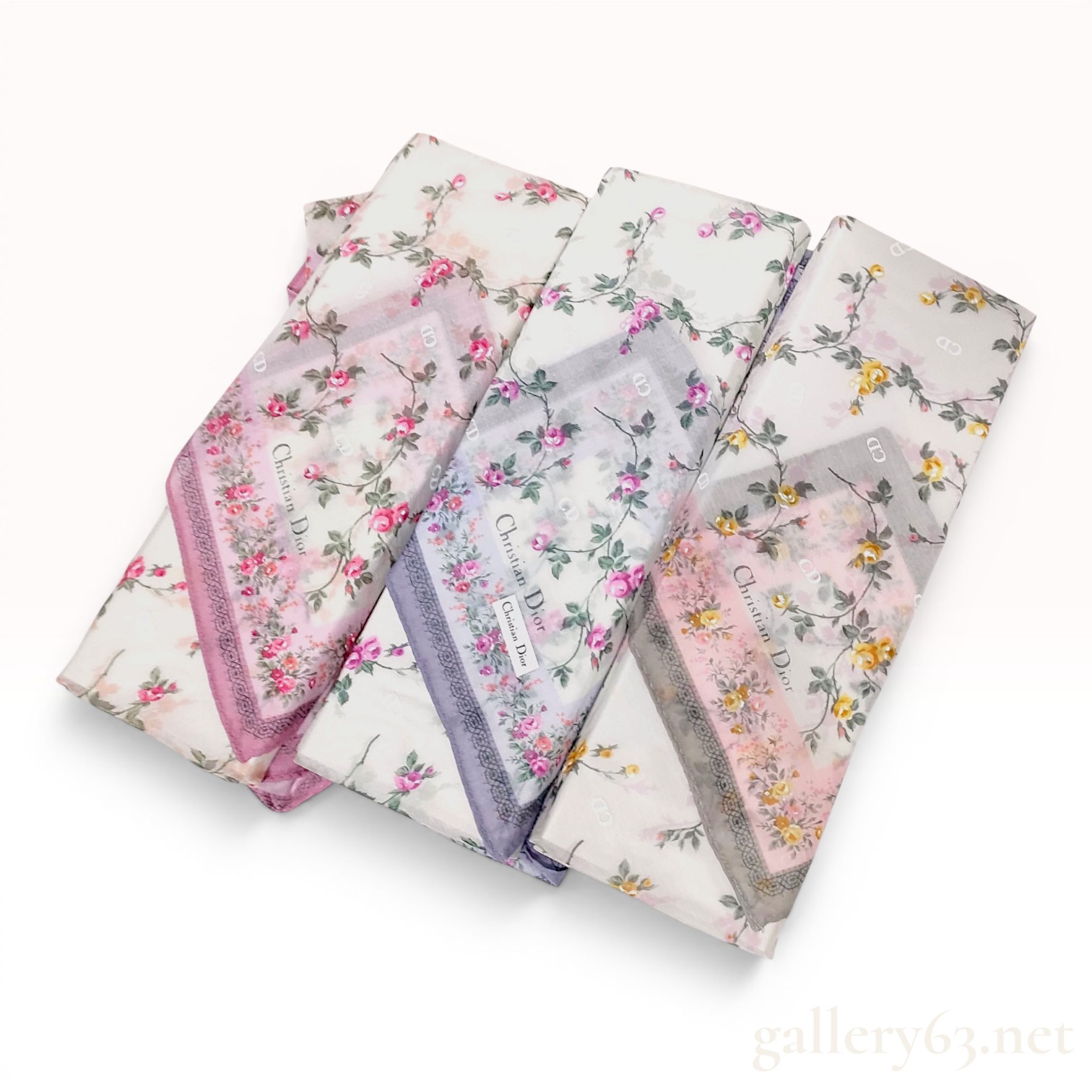 Set of Three Christian Dior Floral Monogram Cotton Handkerchiefs in Presentation Box