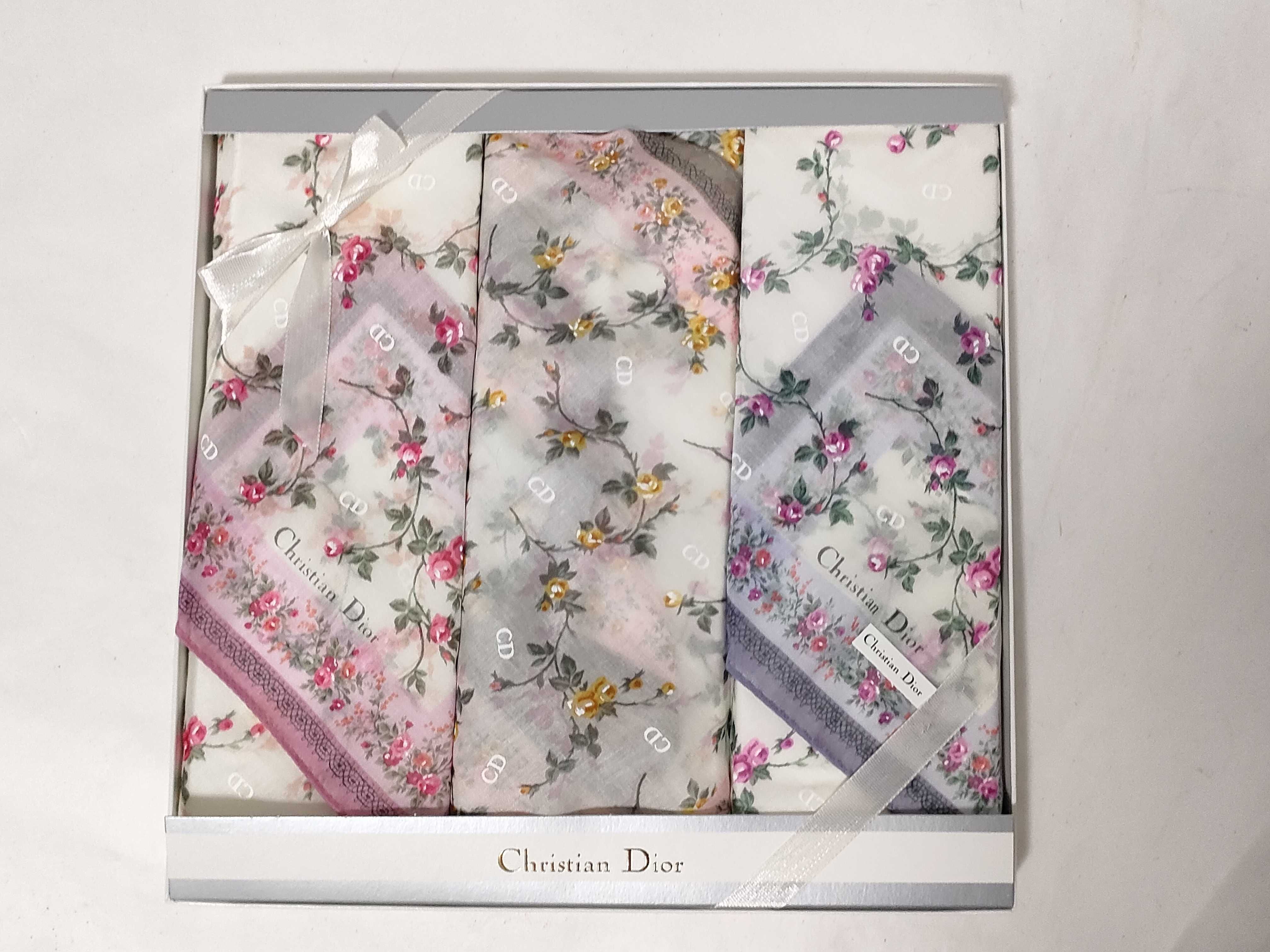 Set of Three Christian Dior Floral Monogram Cotton Handkerchiefs in Presentation Box