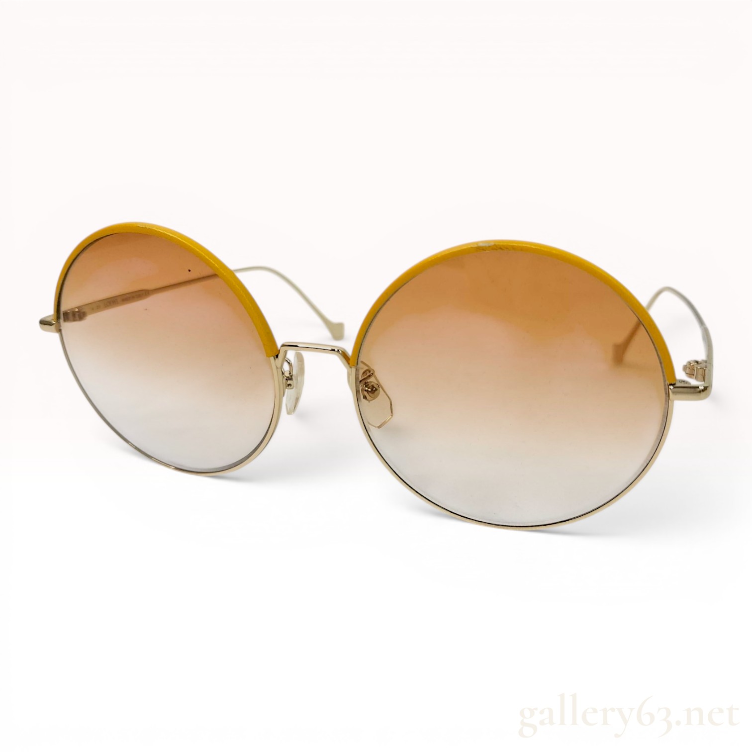 Loewe LW40008U Round Gold Toned Metal and Yellow Leather Trim Sunglasses