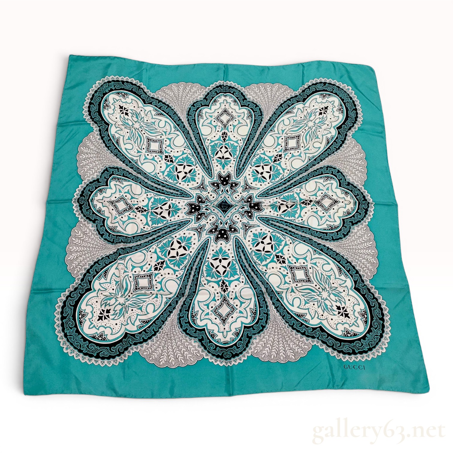 Gucci Silk Square Scarf with Teal and White Mandala Medallion Pattern