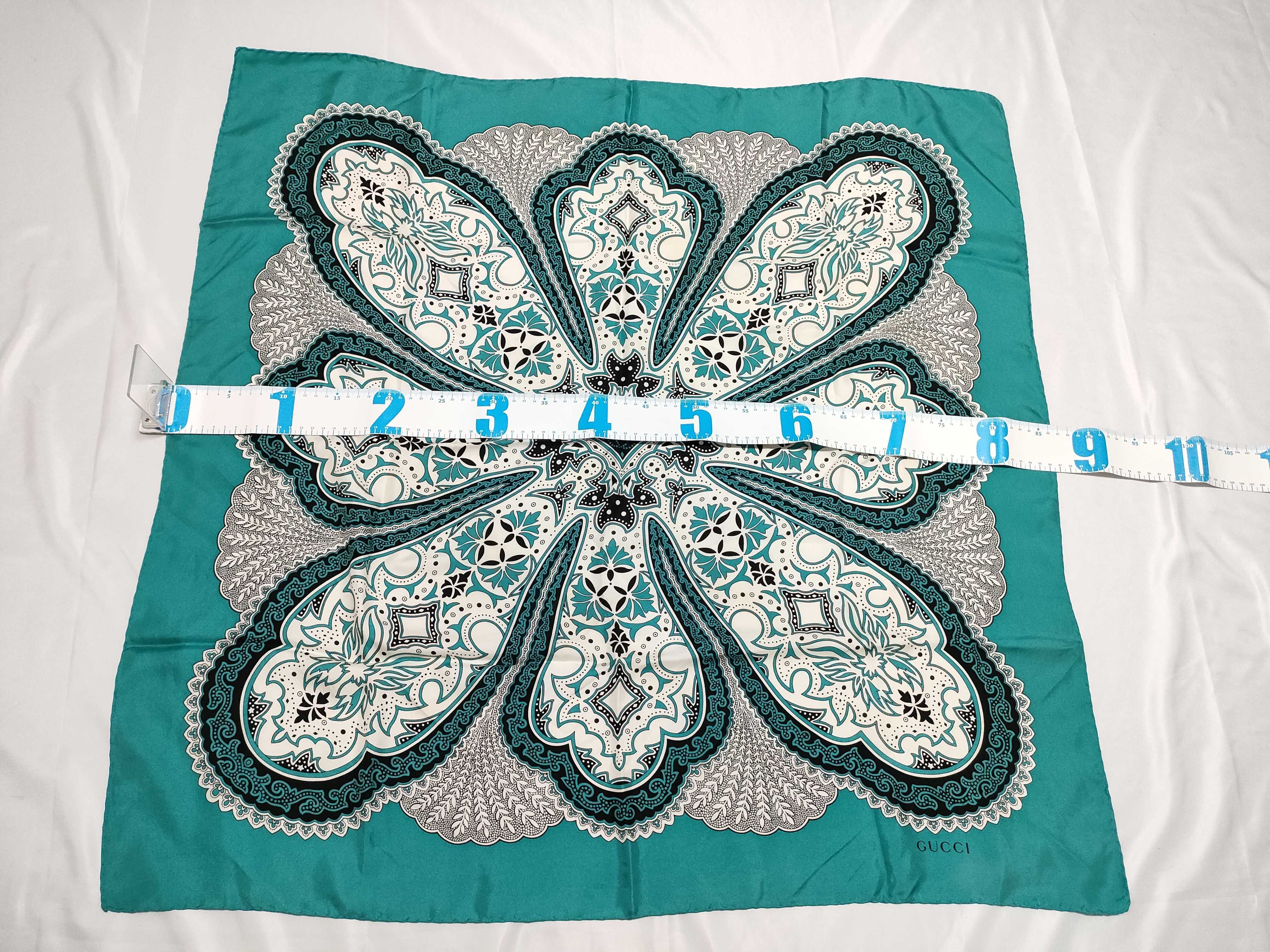 Gucci Silk Square Scarf with Teal and White Mandala Medallion Pattern