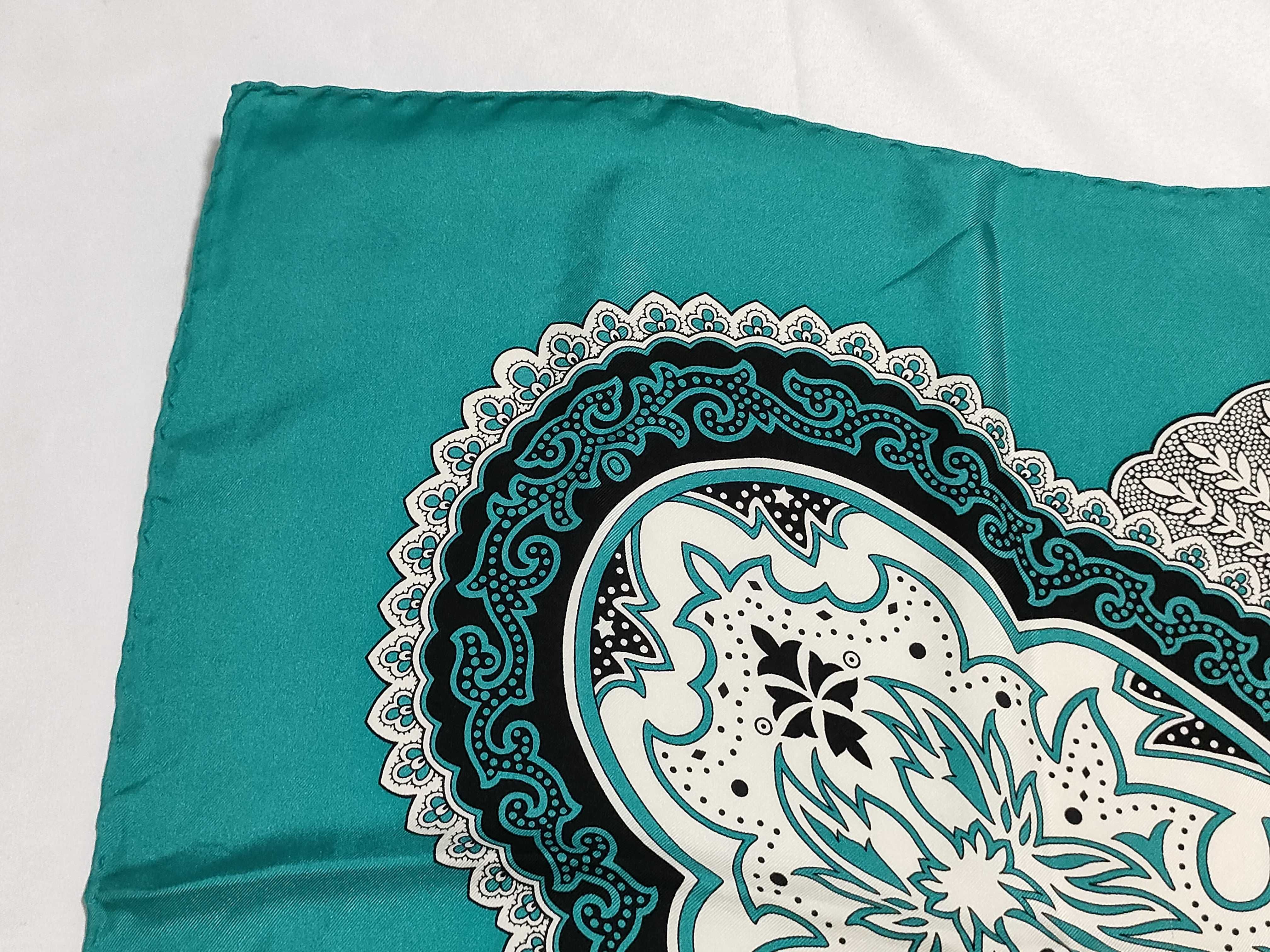 Gucci Silk Square Scarf with Teal and White Mandala Medallion Pattern