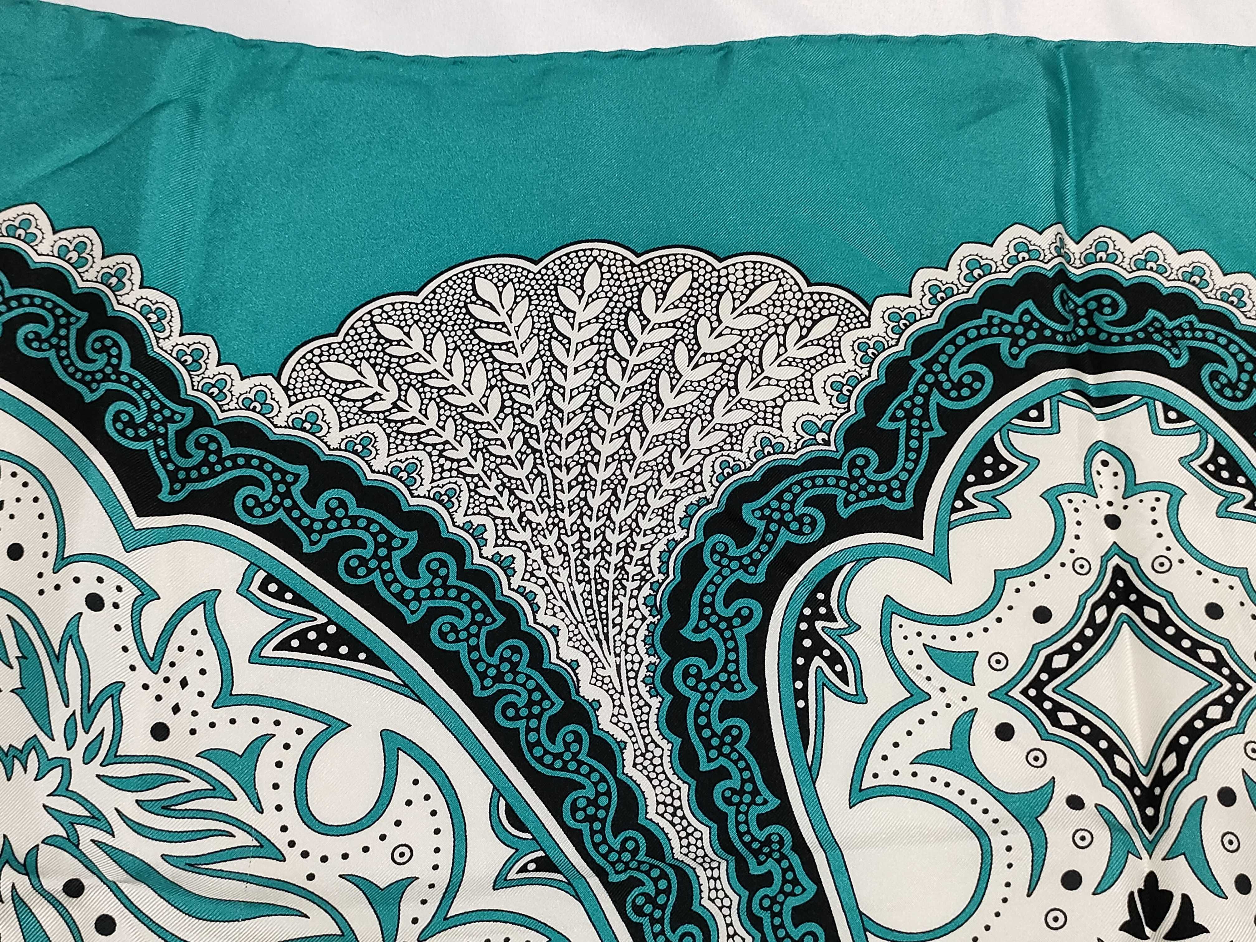 Gucci Silk Square Scarf with Teal and White Mandala Medallion Pattern
