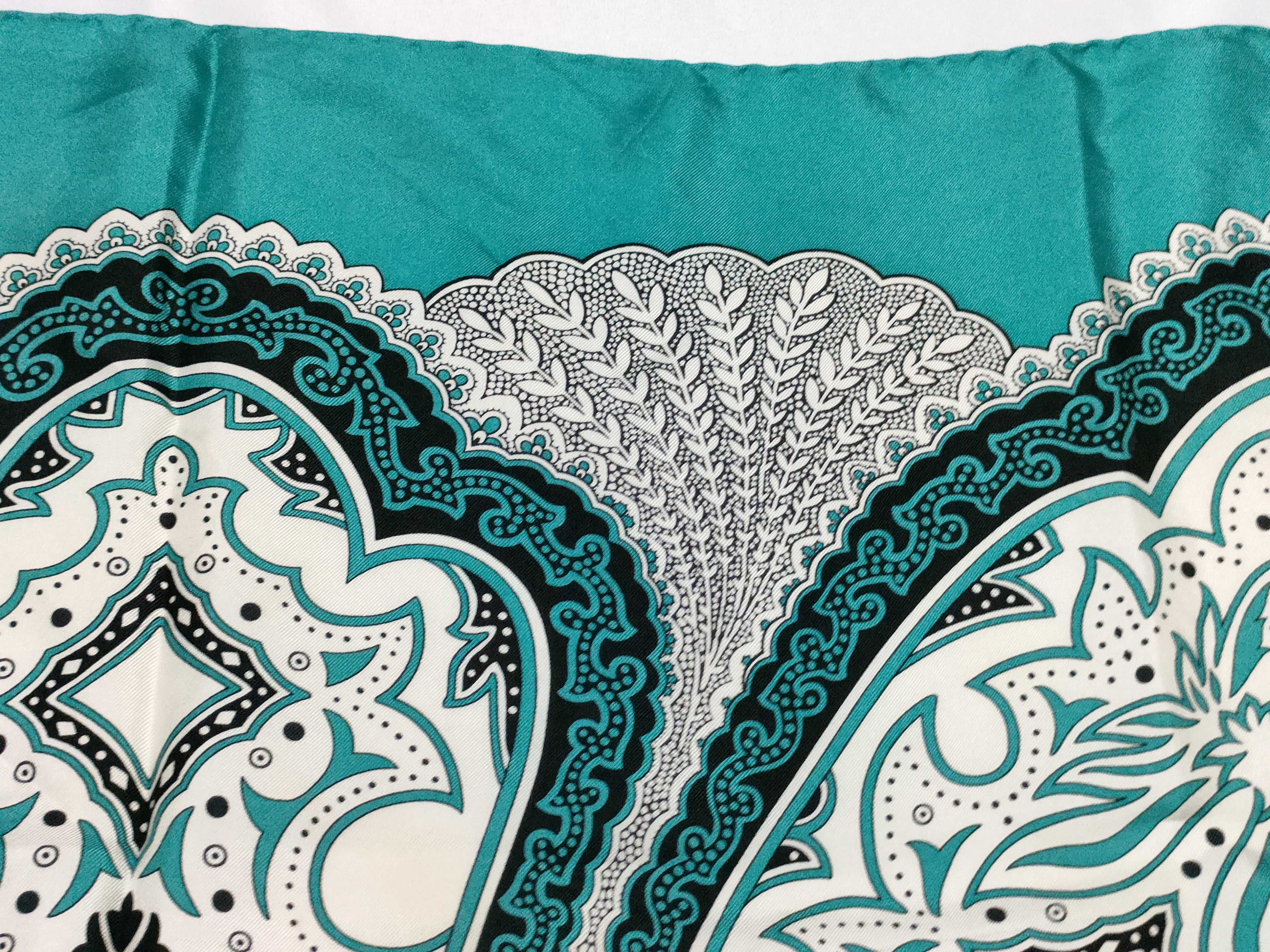 Gucci Silk Square Scarf with Teal and White Mandala Medallion Pattern