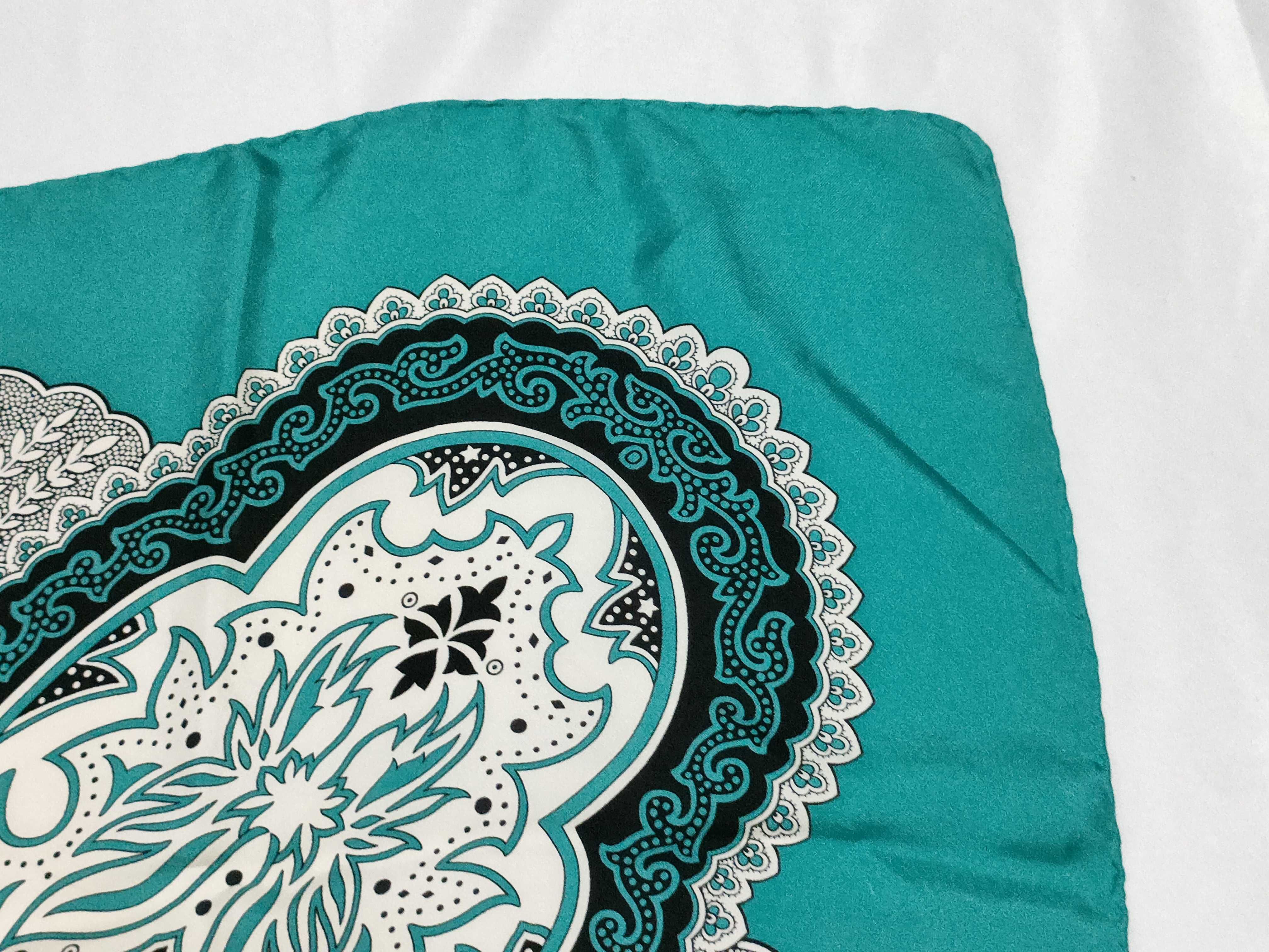 Gucci Silk Square Scarf with Teal and White Mandala Medallion Pattern