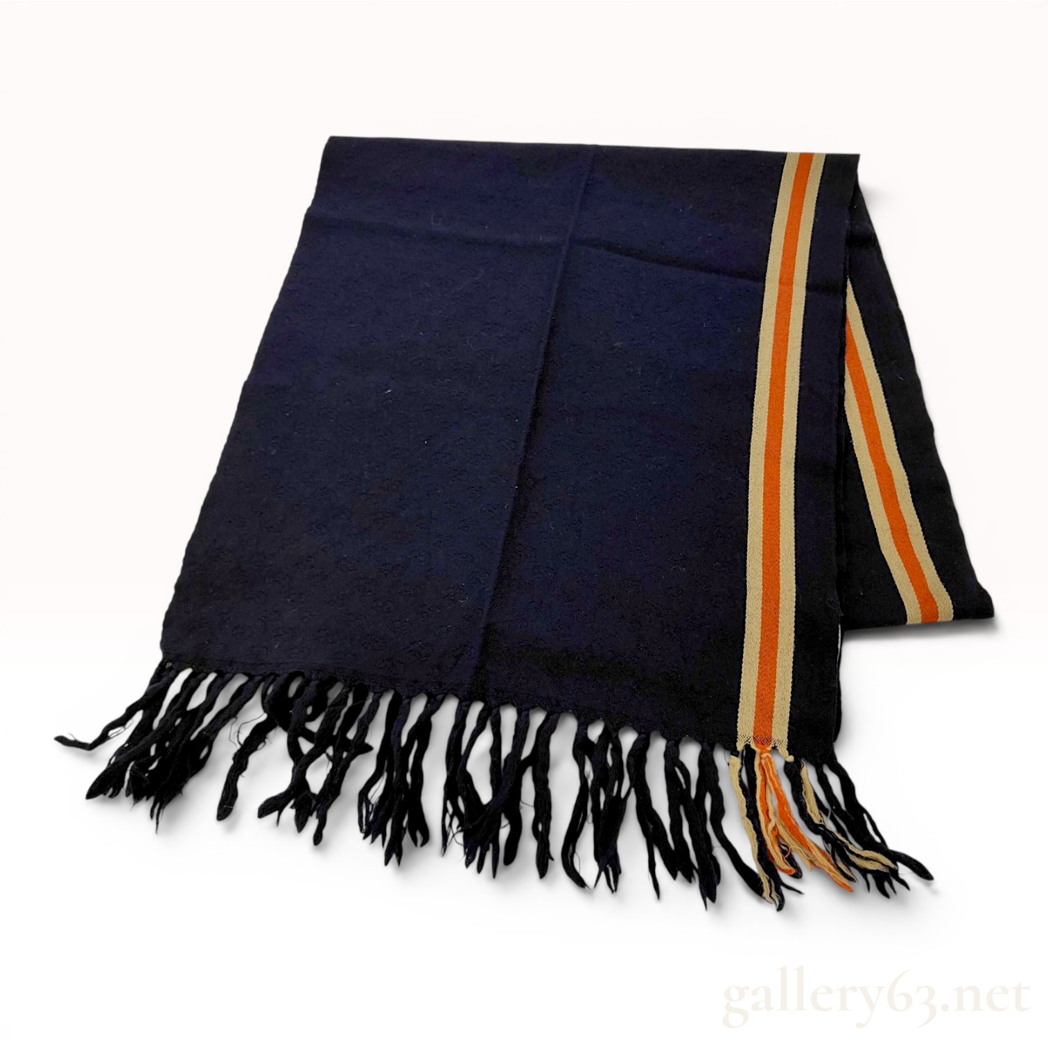 Gucci Navy Blue 100% Wool Stripe Scarf with Knotted Fringe