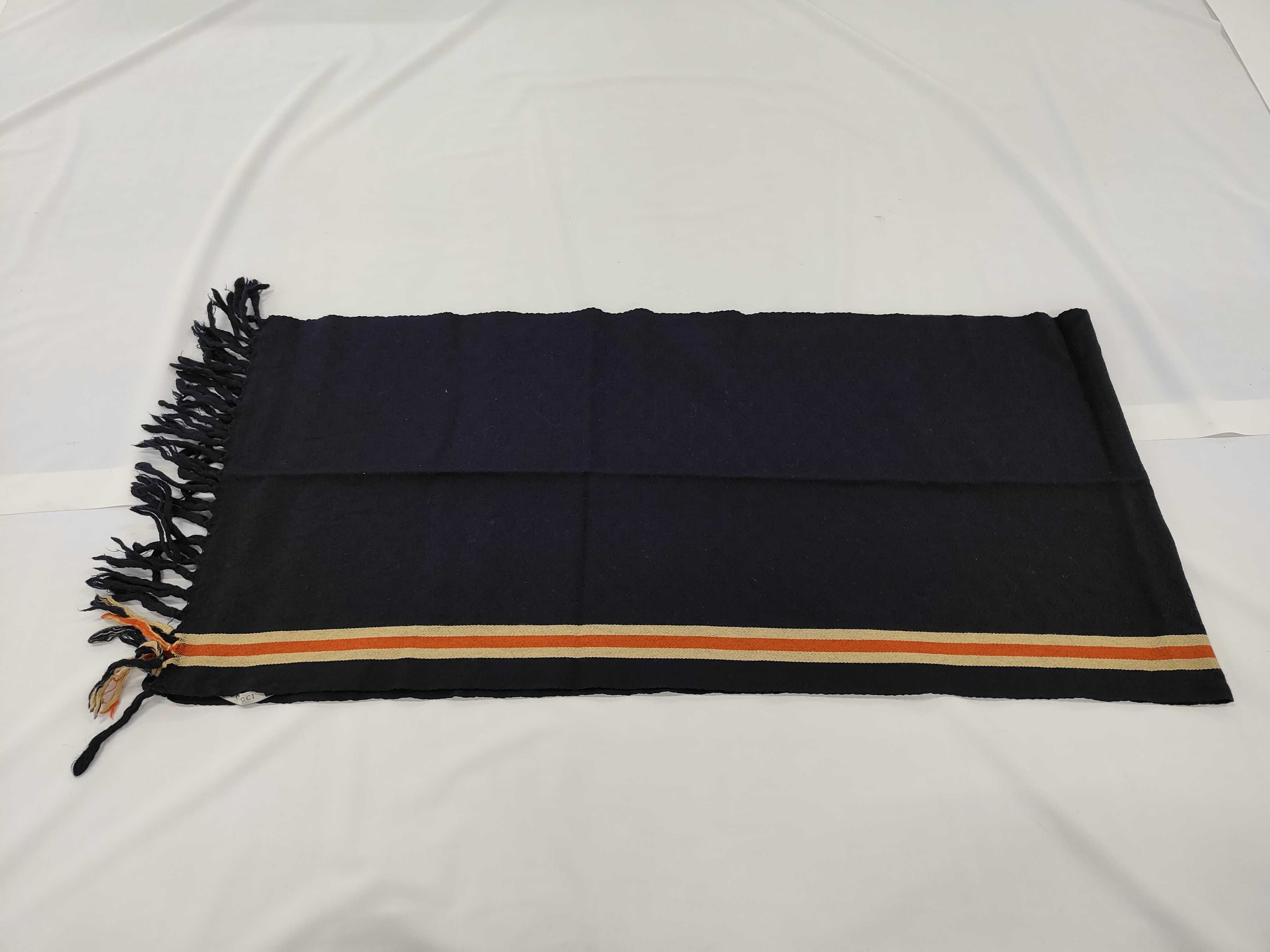 Gucci Navy Blue 100% Wool Stripe Scarf with Knotted Fringe